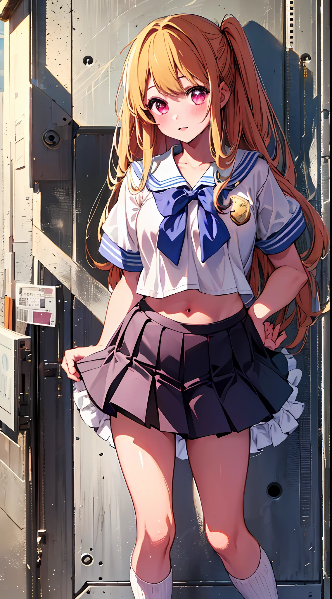 The main girl is beautiful and cute, "neat and bright slope school uniform coordination", full body, full body illustration, best illustration, realistic and elaborate uniform, high school uniform, , ((highest quality)), ((masterpiece)), (detail: 1.4), anatomical, award-winning concept art, beautiful, fine details, portrait, look at the viewer, (show full body)), 1 girl, full body, solo, 6 years old, Schoolchildrenctors, goldonde, semi-long  red and pink eyes, big eyes, the pupil of the left eye is star-shaped, Characteristic left eye pupil, left eye pupil clear, left eye pupil detailed, cute underwear, panties, skirt, silk panties, wet shirt, wet clothes, skirt lift, blush, classroom, navel out, clothes lift, easy background, lifting clothes, white shirt, uniform, blazer, Japan cute uniform, look away, short sleeves, loli, elementary school, main girl is beautiful ancute, cute, young, young, young, young appearance, fantast visuaon, professional effect, beautiful girl, petite girl, sweaty transparent clothes, unevenness, absurdity, unevenness, unif is the oldest girls' school Japan based on Christianity along with the girls' academy, Very cute in traditional uniform", "Very cute sailor suit for both summer and winter clothes", heel-up loafers, golden hair, the main girl is beautiful and cute
