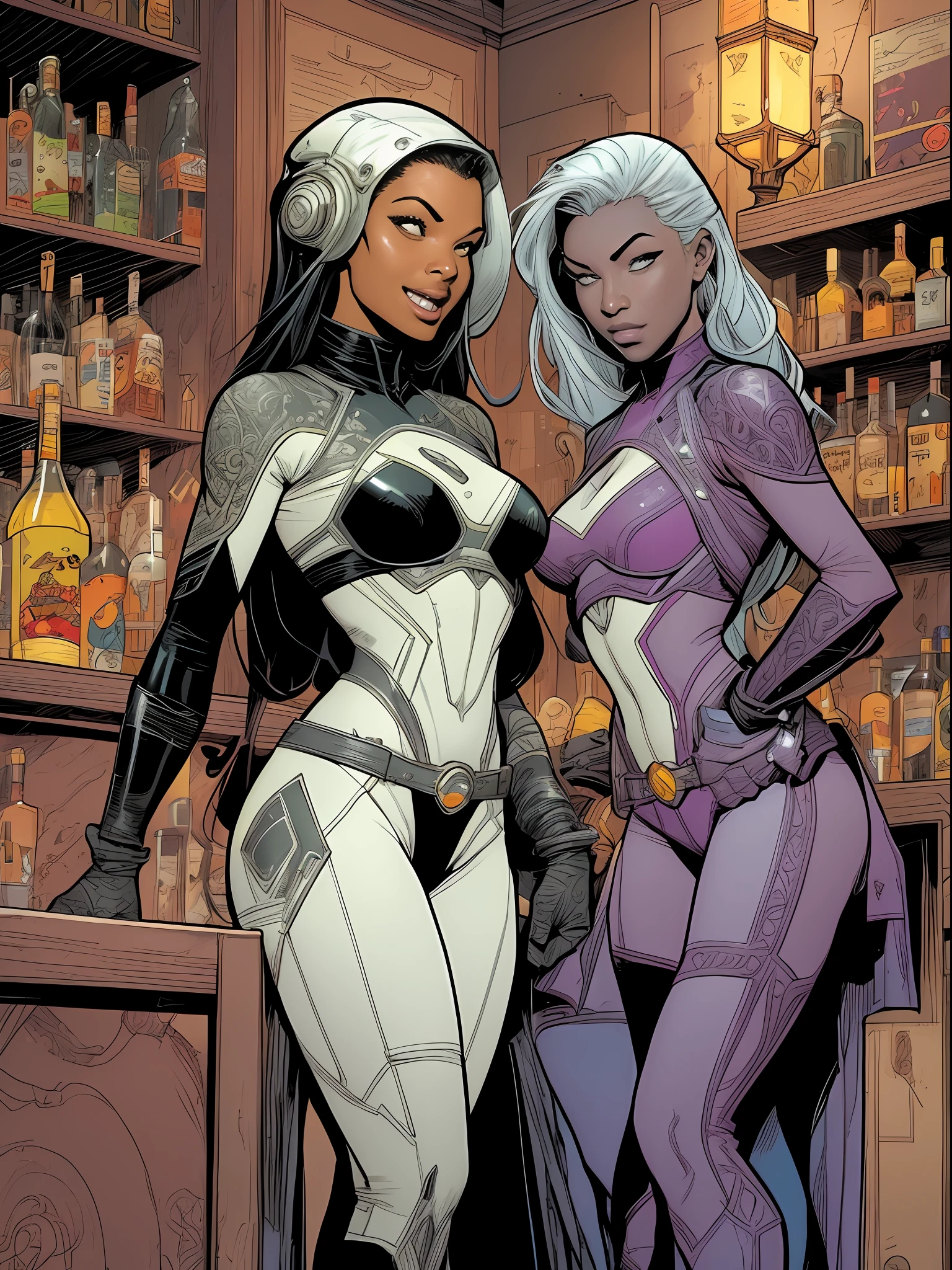 Science fiction comic book style, The lines are intricate,The color is naturally dull,Delicate and neat,A group of sexy female storm warriors with perfect bodies surround the aliens,Talk and laugh in the bar