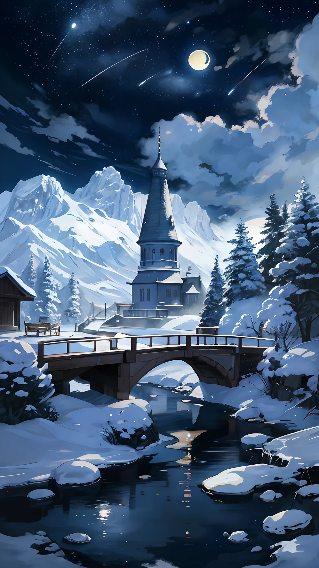 A painting of a river with stars and moon in the sky, concept art inspired by Tosa Mitsuoki, pixiv contest winner, best quality, fantasy art, beautiful anime scene, a bright moon, moonlit starry environment, dream painting, Anime Background Art, Fantasy Landscape Art, Fantasy Night, Anime Background, Background Artwork, Fantastic Art, Atmospheric Anime, Starry Sky, Detail Enhanced.