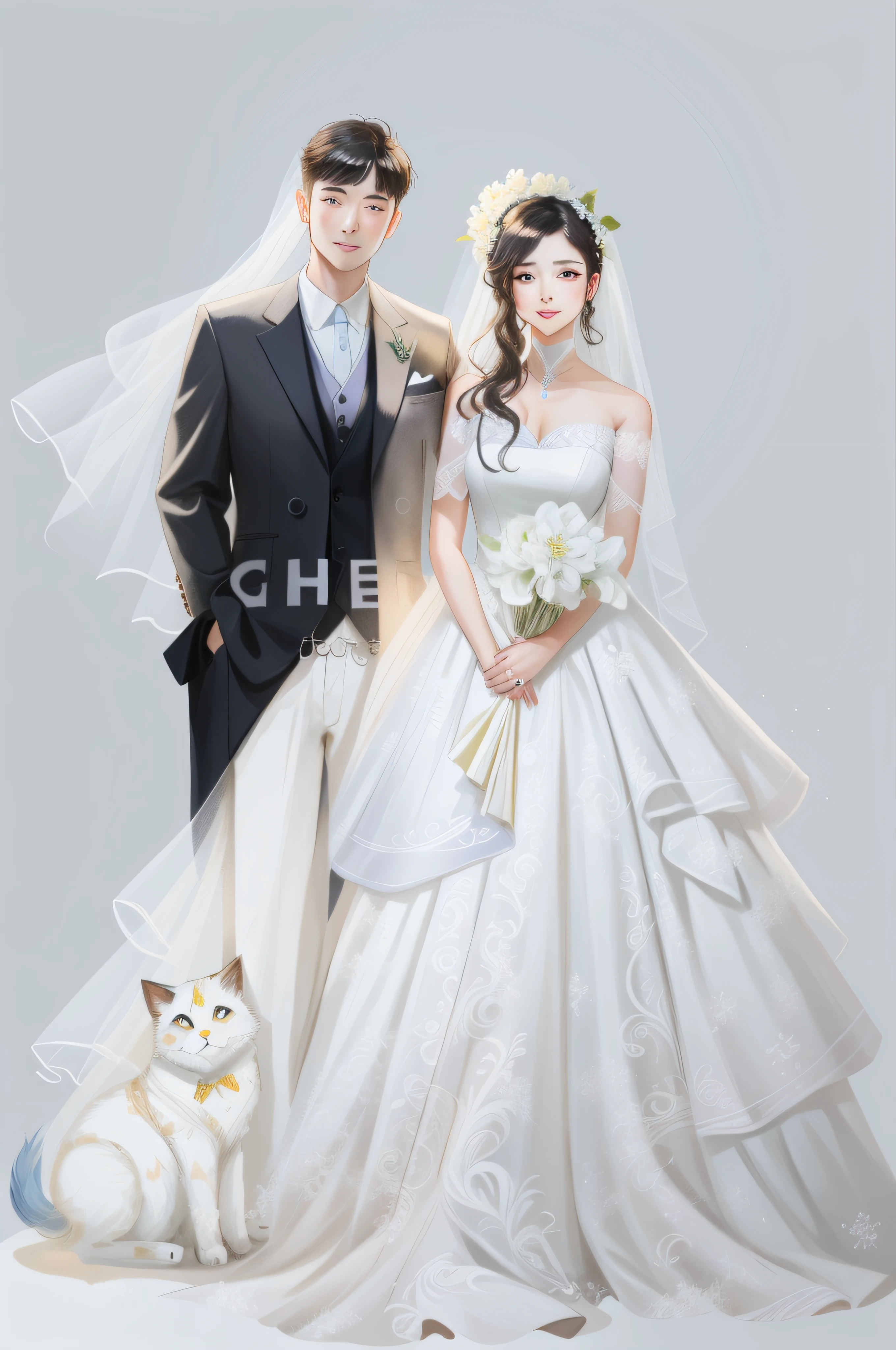 (wedding photo+couple: 1.2 + cute couple: 1.1), The bride and groom pose for a group photo wearing white wedding dresses,in front of white back drop,wearing organza gown,Happy couple Ruan Jia and Zhong Fenghua,ruan jia and brom,A lovely couple,Wedding scenes,Cartoony,handpainted,k hd,blissful,big bright eyes