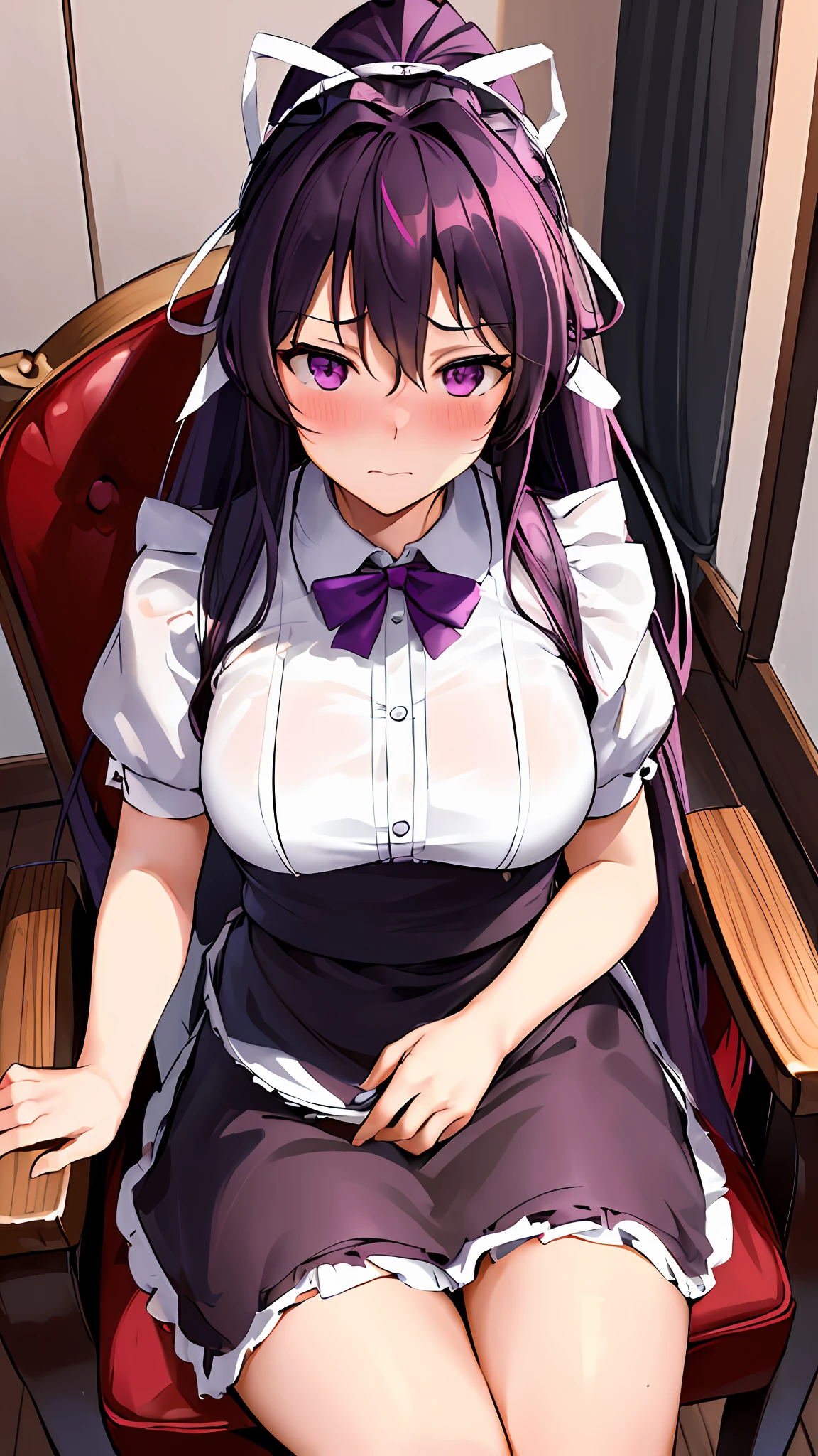 masterpiece, best quality, highres, 1girl, solo, purple eyes, very long hair, hair ribbon, ponytail, black hair, large breasts, purple hair, maid, indoors, maid headdress, embarrassed, blush, sittingg on chair, chair, look at viewer,