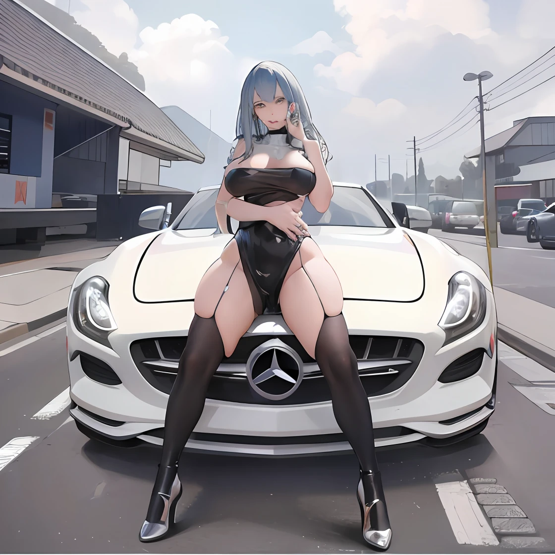 Araffe posando em um carro esportivo Mercedes em um estacionamento, inspirado em Hedi Xandt, Modelo do Instagram, Mercedez Benz, Directed by: Hedi Xandt, tamanho real, corpo inteiro feminino, sentada em seu carro, Kylie Jenner como Mulher-Gato, skydoll noa |, em um manequim. alta qualidade, parece realista, fotorrealista de corpo inteiro