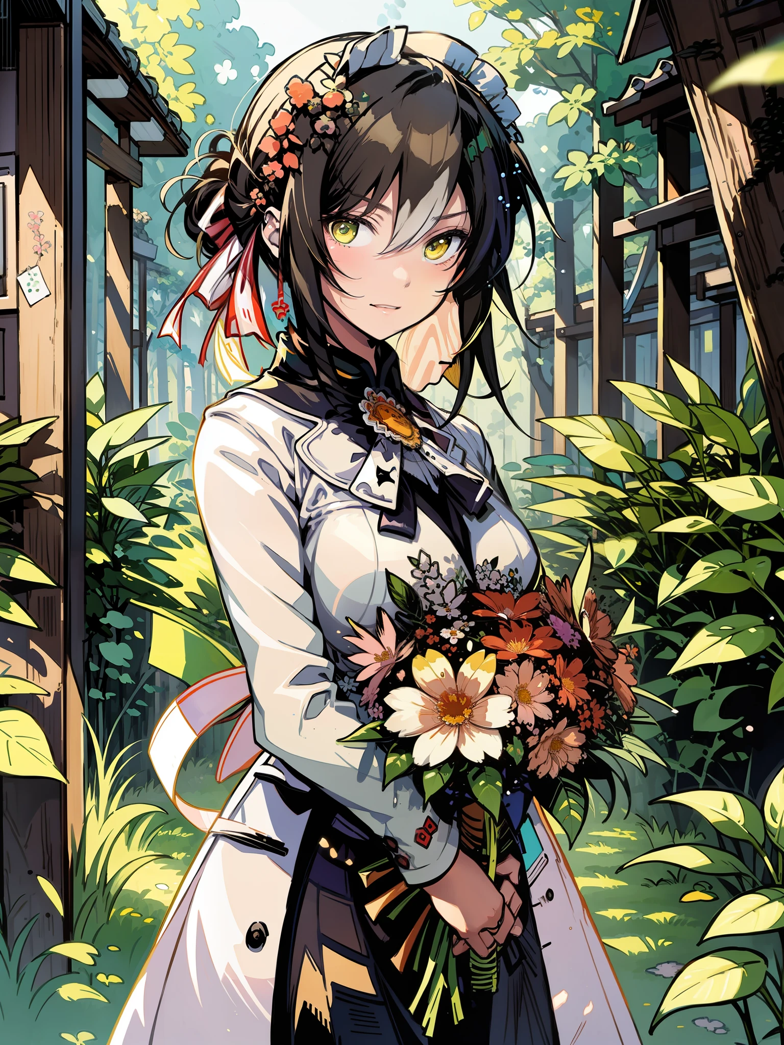 there is a painting of a girl in a garden with flowers, beautiful anime artwork, a beautiful artwork illustration, by Yoshihiko Wada, a maid in a magical forest, overgrowth. by makoto shinkai, guweiz on pixiv artstation, girl in flowers, she is the center of the garden, beautiful anime art, in a field of flowers