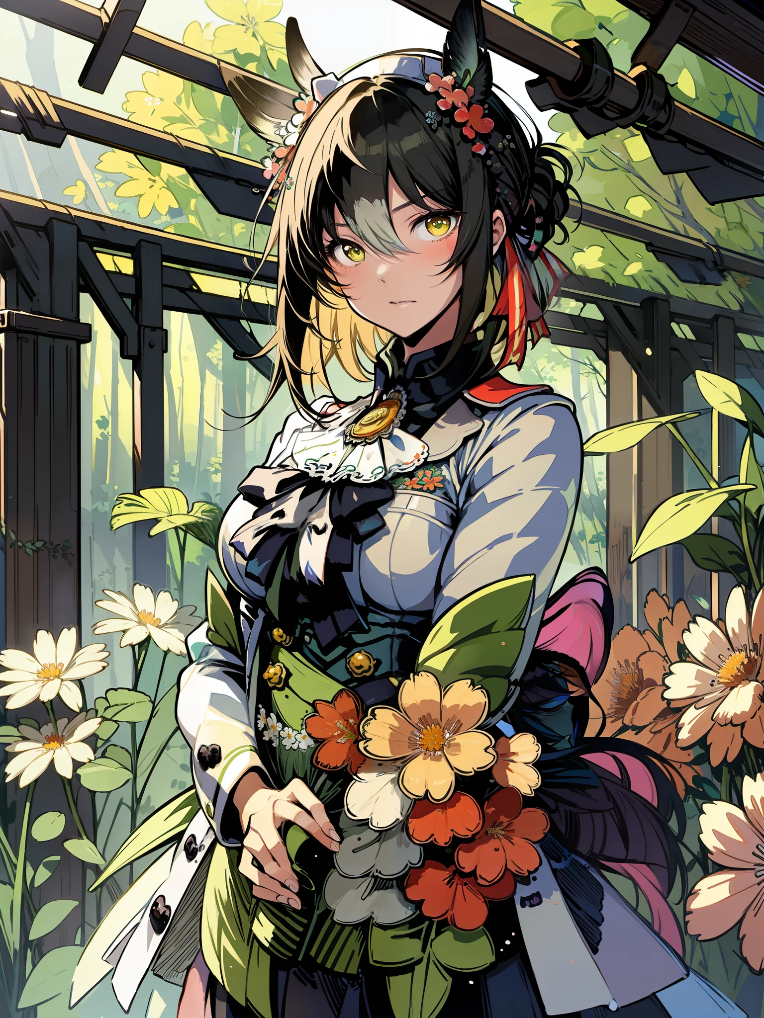 there is a painting of a girl in a garden with flowers, beautiful anime artwork, a beautiful artwork illustration, by Yoshihiko Wada, a maid in a magical forest, overgrowth. by makoto shinkai, guweiz on pixiv artstation, girl in flowers, she is the center of the garden, beautiful anime art, in a field of flowers