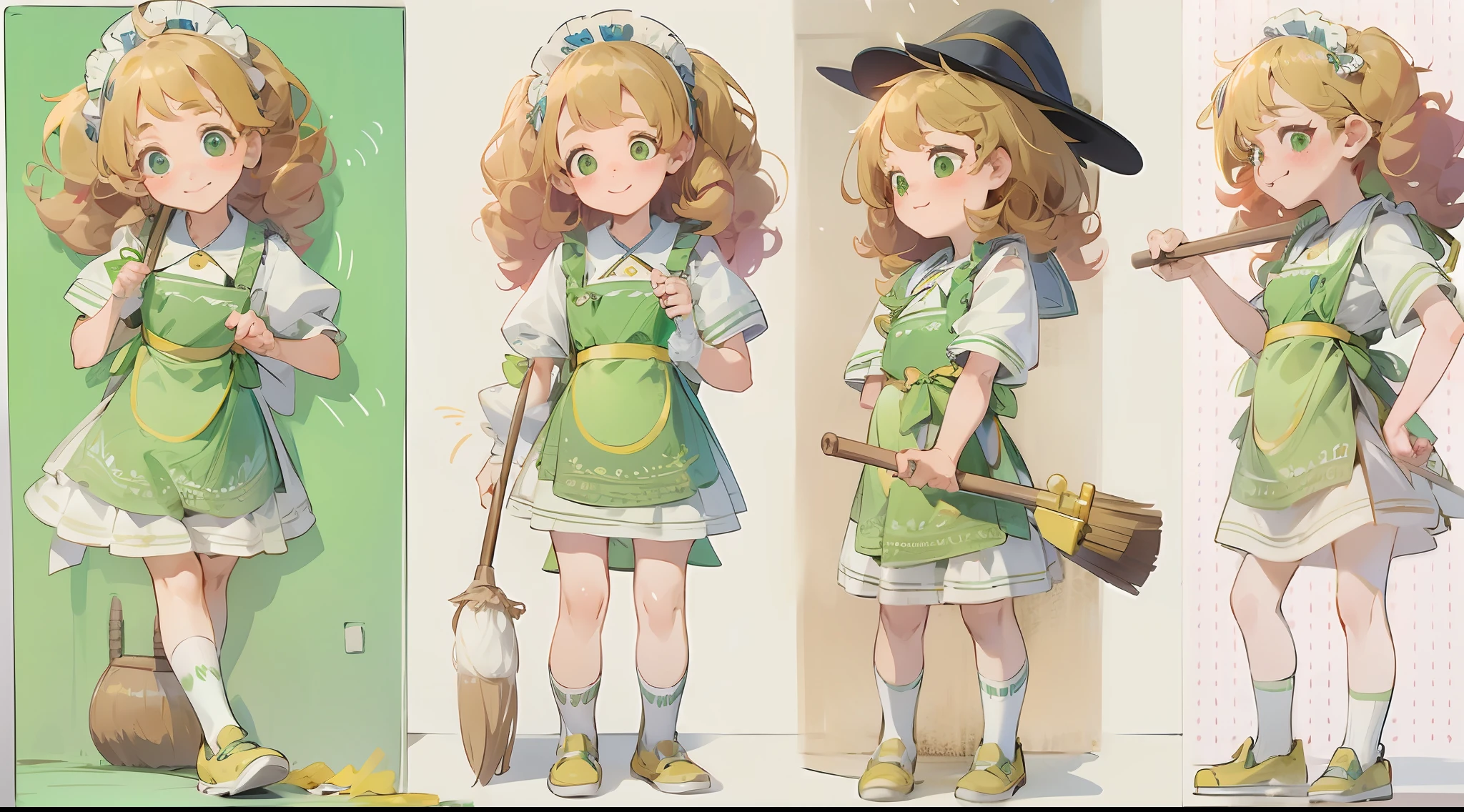 photorealisim、full body Esbian、１２Year old girl、Cute with green eyes１２Year old girl、Severe curly hair、Naturally curly hair、Golden hair、hitornfreckles、Housemaid style、ssmile、Cleaning cheerfully with a broom