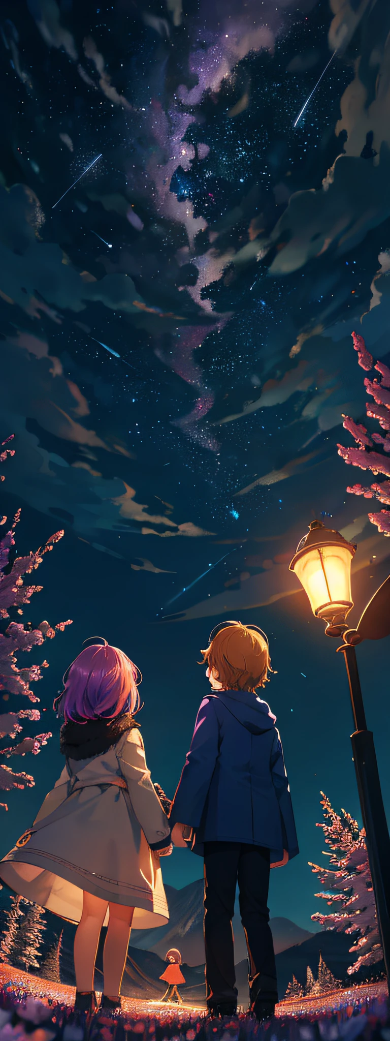 Expansive landscape photograph,(look from down,Sky and wilderness below),Little girl and little boy standing in a flower field looking up,(moon full:1.2),(meteors:0.9),(Starcloud:1.3),Far Mountain,Tree BREAK Production Art,(Warm light source:1.2),(glowworm:1.2),lamp lights,Purple and orange,Complicated details,Volumetriclighting,Realism rests(tmasterpiece:1.2)(best qualtiy), 4K,ultra-delicate,(Dynamic configuration:1.4),High level of detail and colorful details,(Irridescent color:1.2),(luminouslighting,Atmospheric lighting),dream magical,Magic,(独奏:1.2)