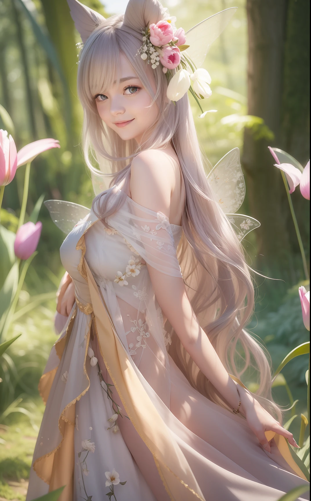Photo of a gorgeous 20-year-old Finnish fairy wearing (Tulip Decoration Dress:1.2) And (Delicate fairy wings:1.2), Grinning, (looking in camera:1.1), (Sateen:1.1), on forest path:, Proudly standing next to his portate, by Studio Ghibli, masutepiece, Barefoot, (Natural lighting:0.8), 8K, ((Realistic)), F/1.1, , the woods、covering the navel、hiding breast、(Curvaceous)femele(flawless skin:1.11)And(teats:1.1)、A smile、full body Esbian、Beautiful standing figure、