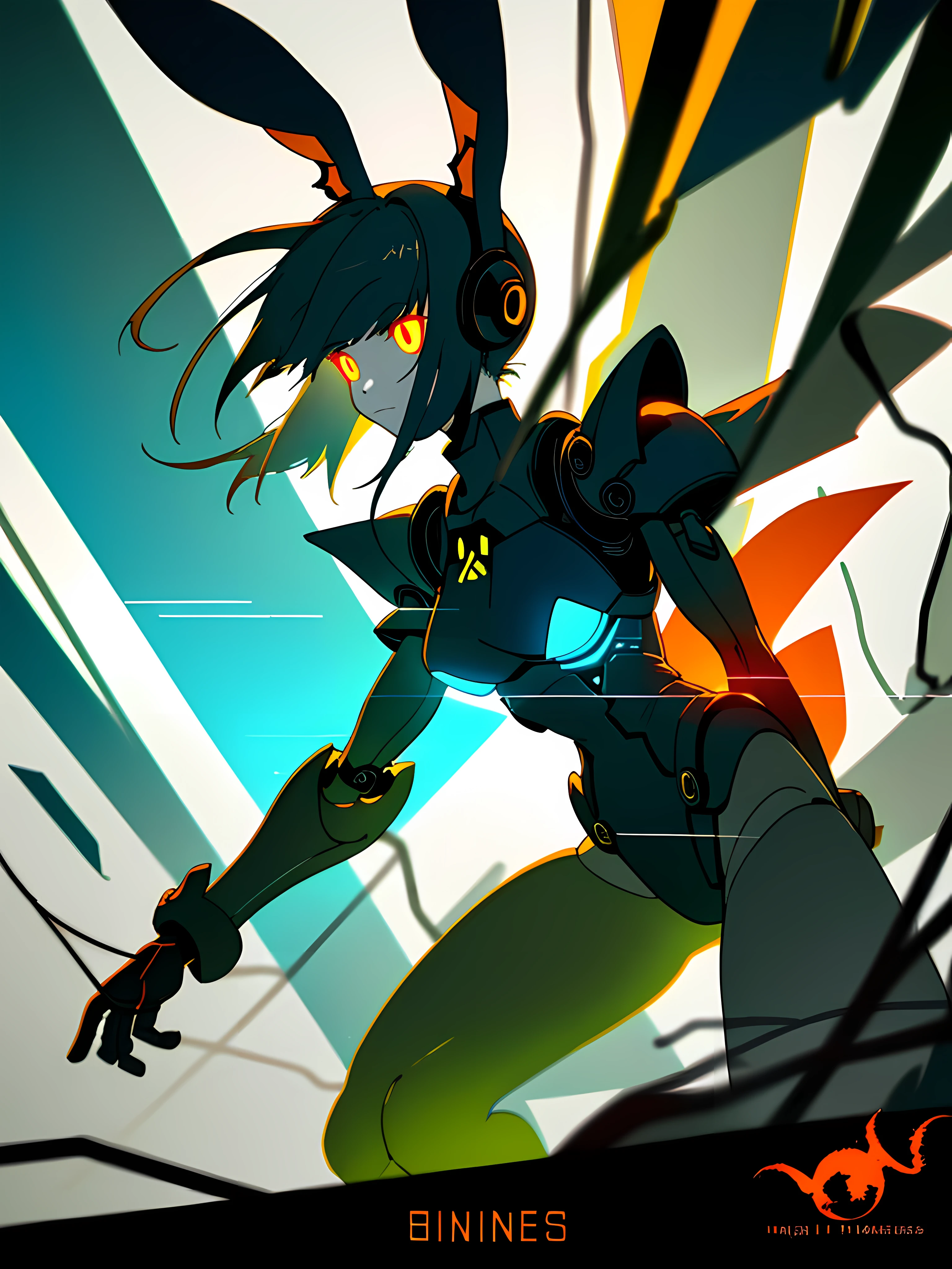 (blame! style abandoned tech landscape), (Zen, Amy Sol style), (underground, dark, foggy, perilous, abandoned dystopian apartment bedroom, deep windows), (anthro rabbit figure in heavy wired mecha armor, wearing bunny ears), cover art with light abstraction, abstract, simple vector art, contemporary Cybernetic art, color gradients, soft color palettes, layered forms, whimsical animation, style Ethereal abstract, 4K, --v6