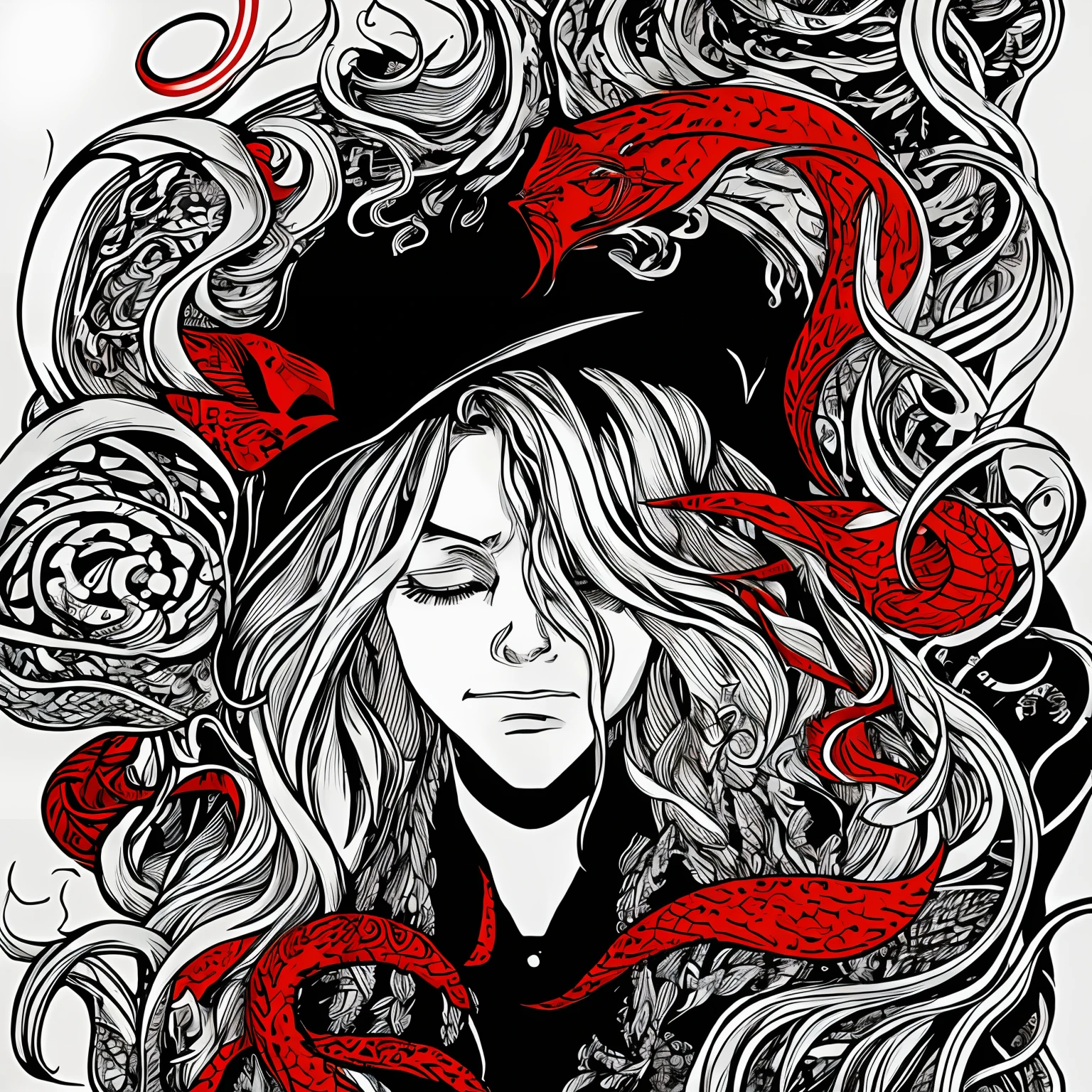 mellicent_ink, poster style, red, grey, white and black colors, portrait, 1girl, solo, grey hair, long hair, messy hair, devided by half, red test tubes on the left, left eye closed, right eye open, surrounded by red tentackles, lovecraft monsters on right, black background, pattern shading