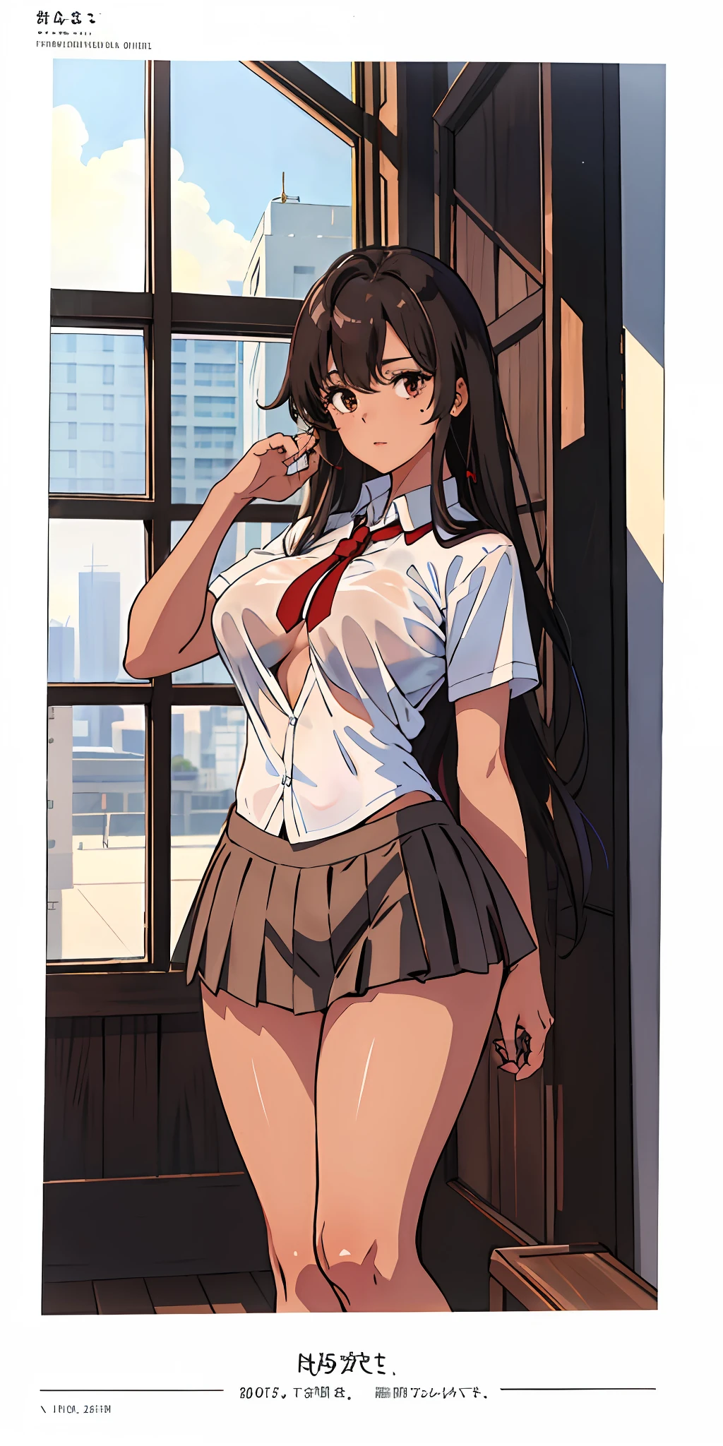 (top-quality、​masterpiece)、1girl in、A stunning、((A dark-haired))、barechested、(((Brown skin tone)))、sun burn、Mole、(((Colossal tits)))、large full breasts、Sheer areol、校服、shool uniform、neck tie、I can see my chest a little