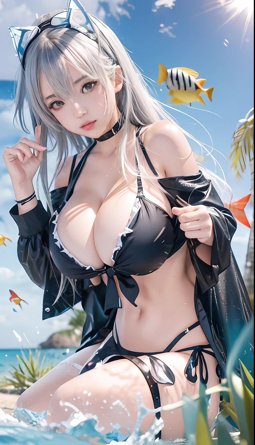 anime girl in bikini with fish in the background, the breasts are large，seductive anime girls, from girls frontline, ahegao, azur lane style, Fine details. Girl front, Best Rated on pixiv, Kantai collection style, at pixiv, [ 4 K digital art ]!!, Best anime 4k konachan wallpaper, swimsuit