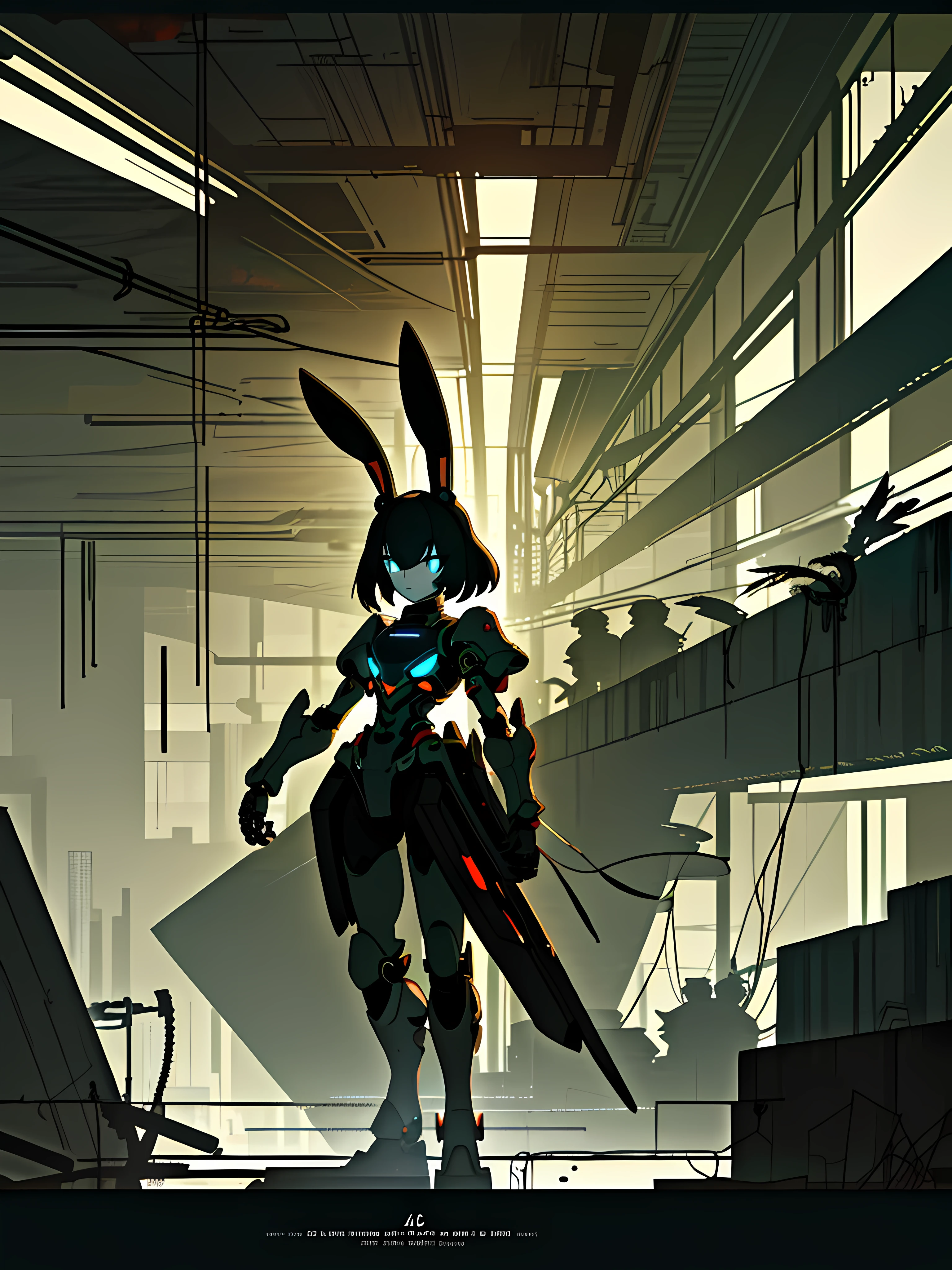 (blame! style abandoned tech landscape), (Zen, Amy Sol style), (underground, dark, foggy, perilous, abandoned dystopian apartment bedroom, deep windows), (anthro rabbit figure in heavy wired mecha armor, wearing bunny ears), cover art with light abstraction, abstract, simple vector art, contemporary Cybernetic art, color gradients, soft color palettes, layered forms, whimsical animation, style Ethereal abstract, 4K, --v6