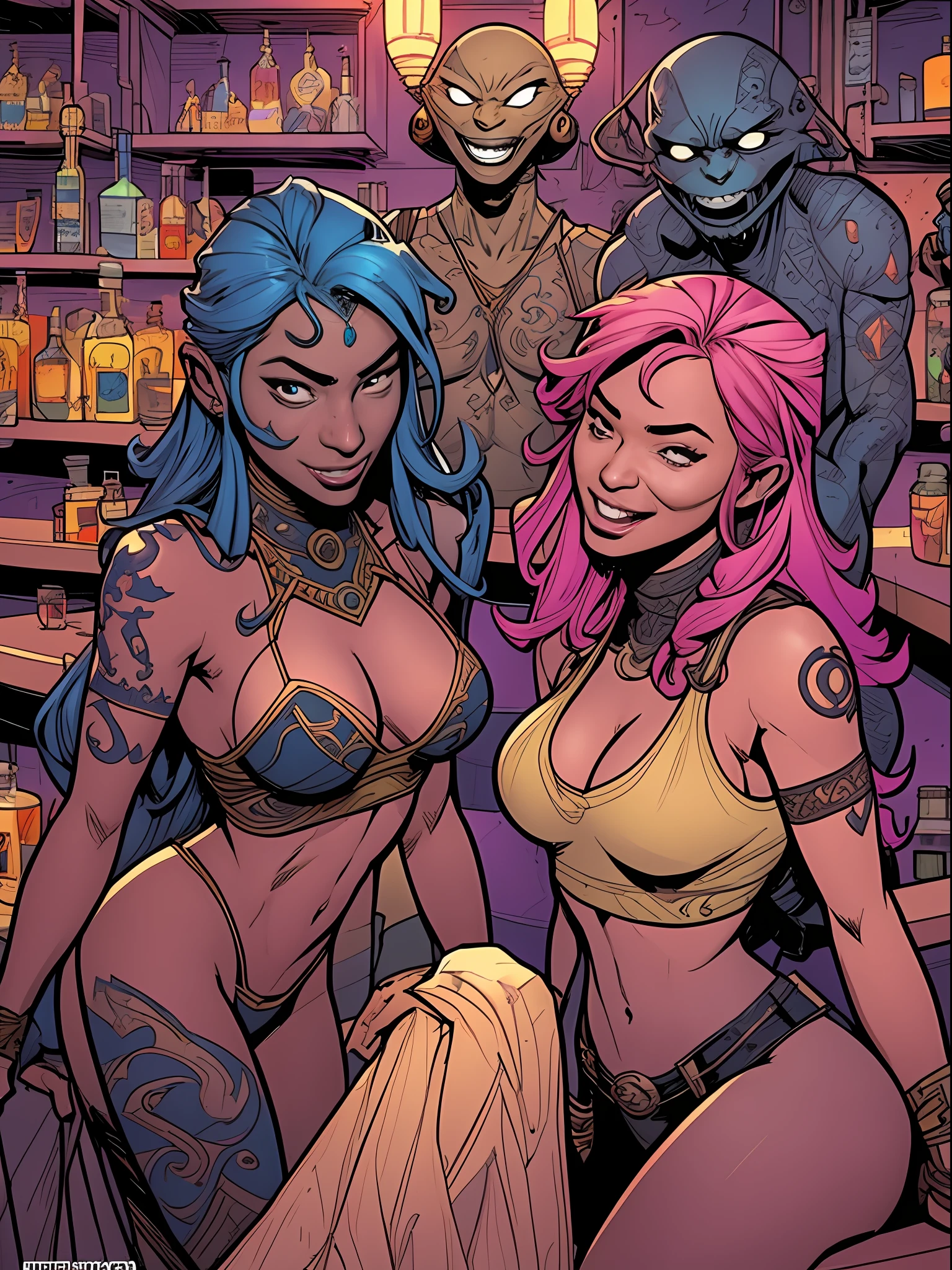 Science fiction comic book style, The lines are intricate，Delicate and neat，A group of sexy female storm warriors with perfect bodies surround the aliens,Talk and laugh in the bar