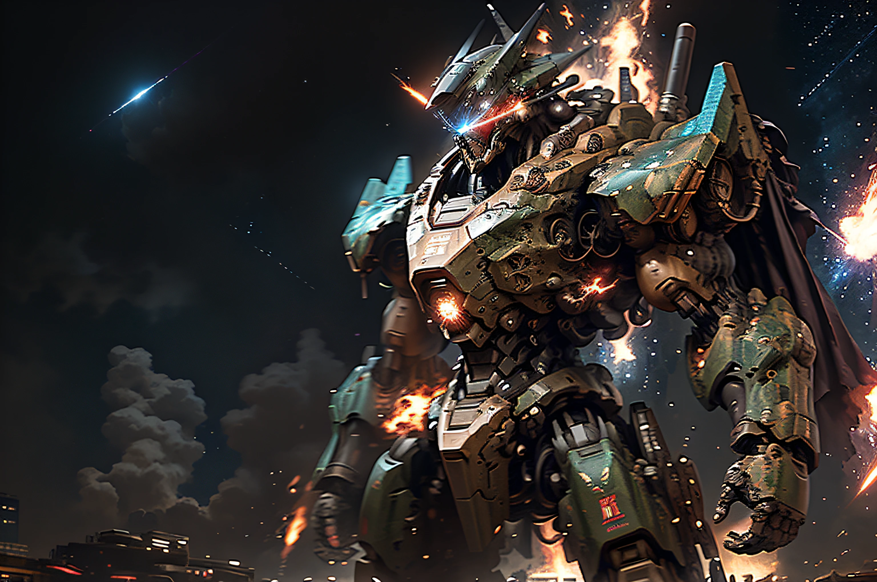 masterpiece, best quality, giant mecha, no humans, black armor, blue eyes, science fiction,  fire, laser canon beam, war, conflict, destroyed building background, (night), dark, no light, starry sky