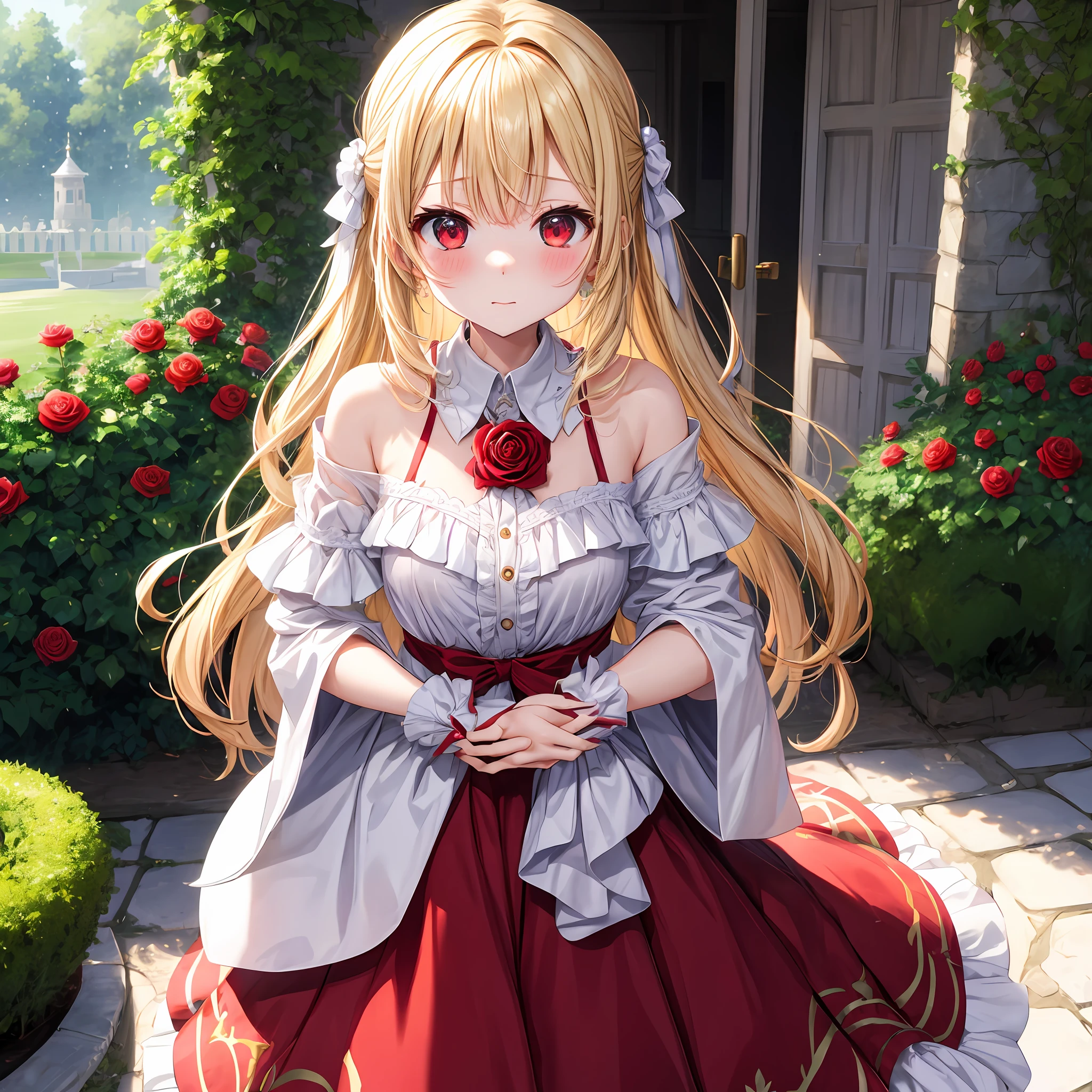 a blond、red eyes、One girl、kawaii、animesque、robe blanche、off shoulders、red blush、Western castles、Rose Garden