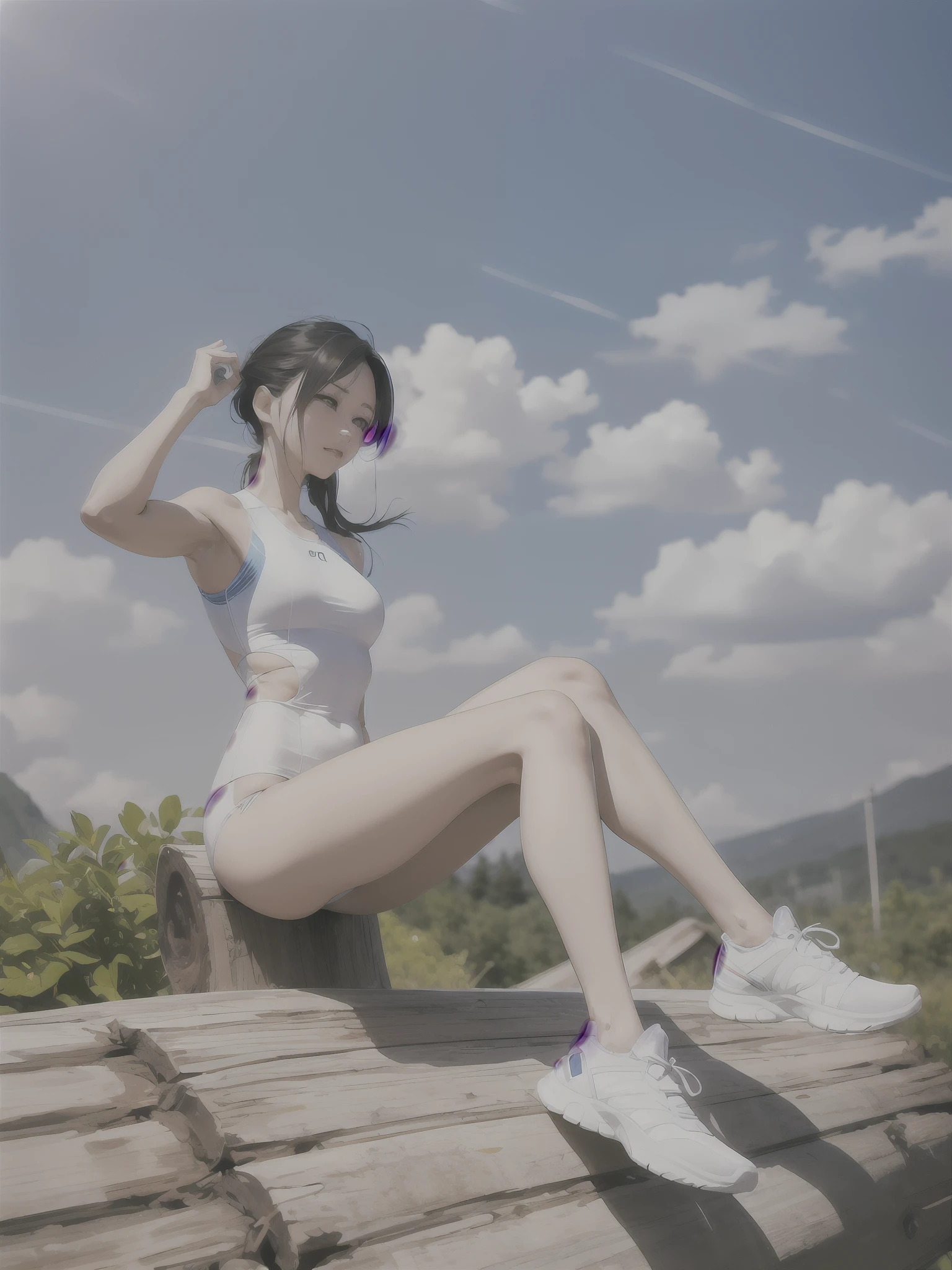 The Arafeld woman sat cross-legged on the log, smooth white tight clothes suit, xintong chen, cottagecore!! fitness body, wenfei ye, Li Zixin, hot with shining sun, jinyiwei, cute sportswear, xue han, Lin Qifeng, Qiu Fang, shaxi, photo of slim girl model, Yang Qi