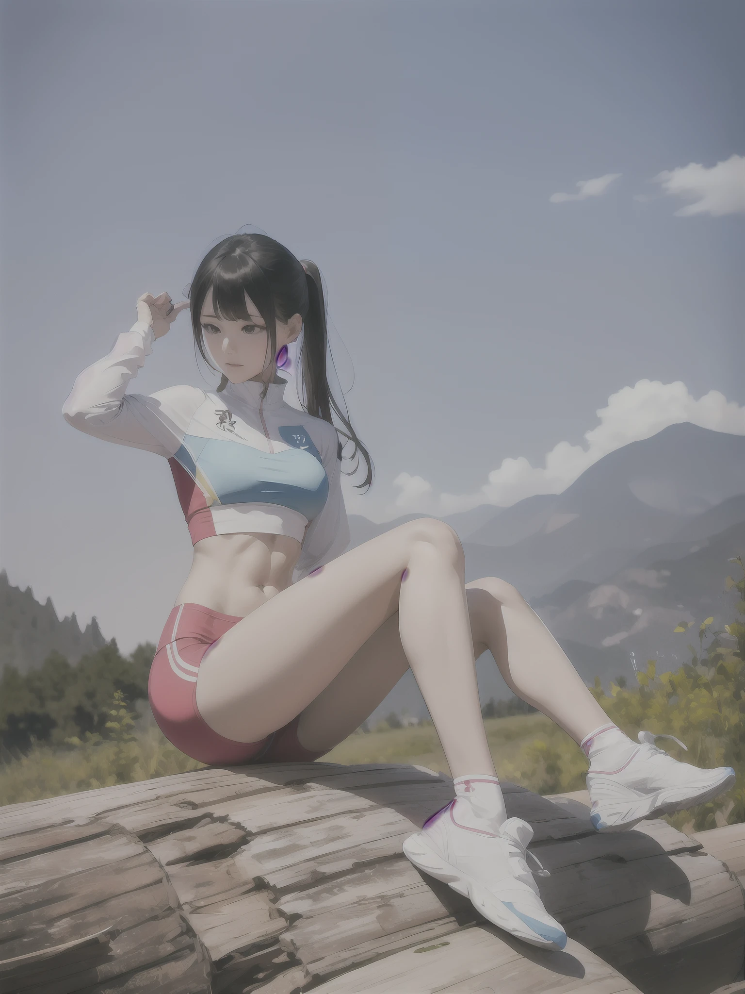 The Arafeld woman sat cross-legged on the log, smooth white tight clothes suit, xintong chen, cottagecore!! fitness body, wenfei ye, Li Zixin, hot with shining sun, jinyiwei, cute sportswear, xue han, Lin Qifeng, Qiu Fang, shaxi, photo of slim girl model, Yang Qi