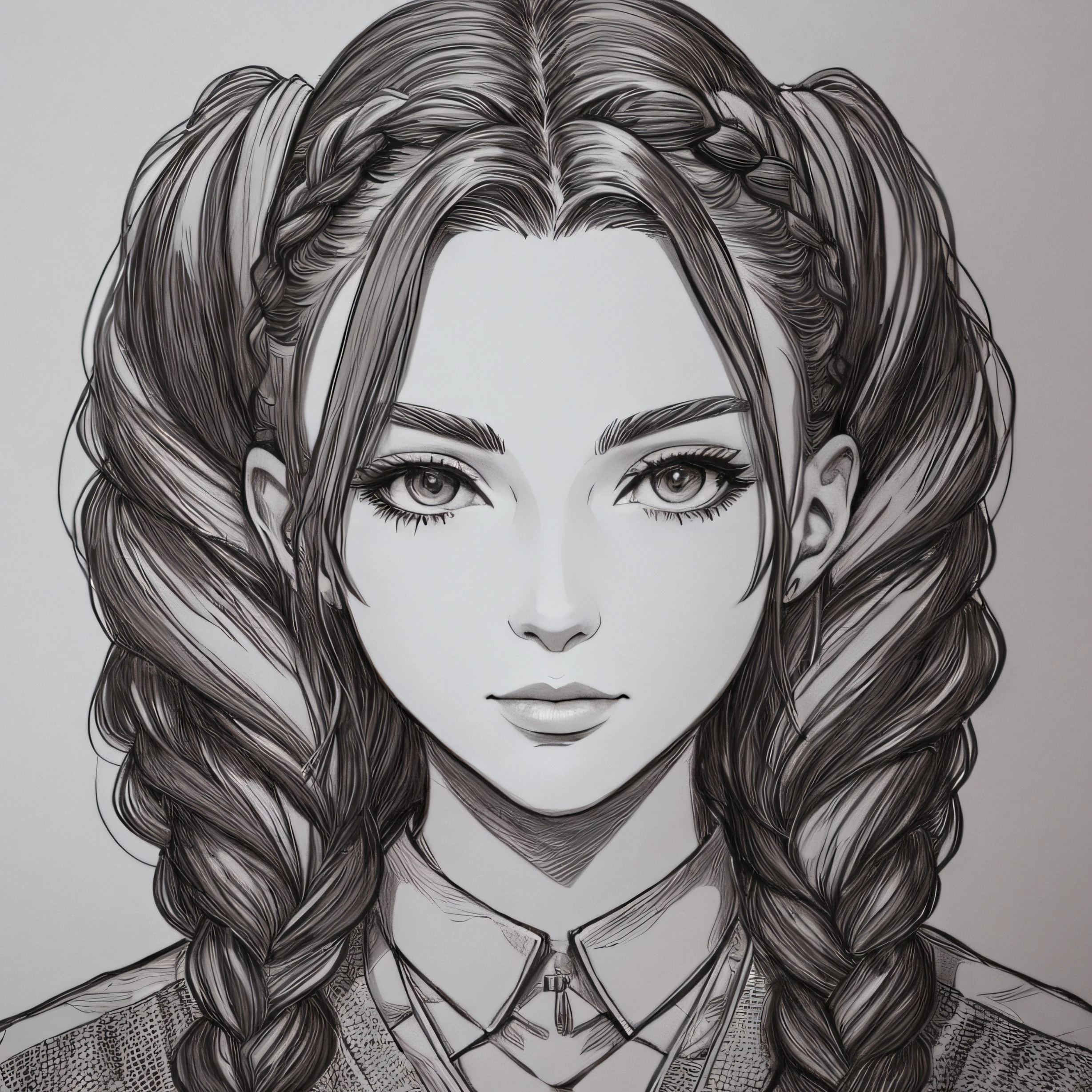 Braided hair,femele,full bodyesbian,Face the lens,White background,Line drawings,lineworks