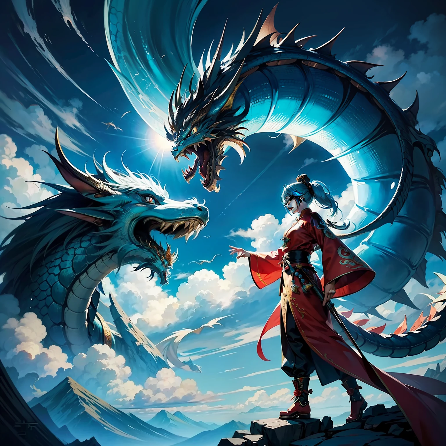 In front of the dragon,cyan chinese dragon fantasy,chinese dragon concept art,Chinese fantasy,majestic japanese dragon,anime fantasy illustration,blue dragon,Dragons made of clouds,Anime fantasy artwork,2。5D CGI anime fantasy artwork,the detail,8k,tmasterpiece,Works of masters,Highest art,