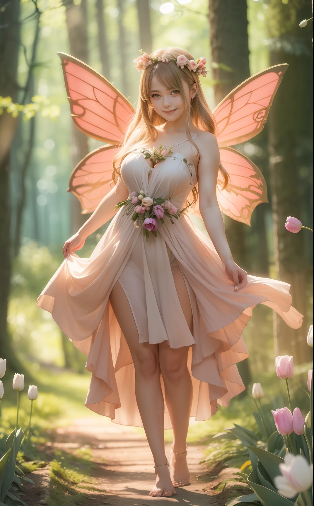 Photo of a gorgeous 20-year-old Finnish fairy wearing (Tulip Decoration Dress:1.2) And (Delicate fairy wings:1.2), Grinning, (looking in camera:1.1), (Sateen:1.1), on forest path:, Proudly standing next to his portate, by Studio Ghibli, masutepiece, Barefoot, (Natural lighting:0.8), 8K, ((Realistic)), F/1.1, , the woods、covering the navel、hiding breast、(Curvaceous)femele(flawless skin:1.11)And(teats:1.1)、A smile、full body Esbian、Beautiful standing figure、