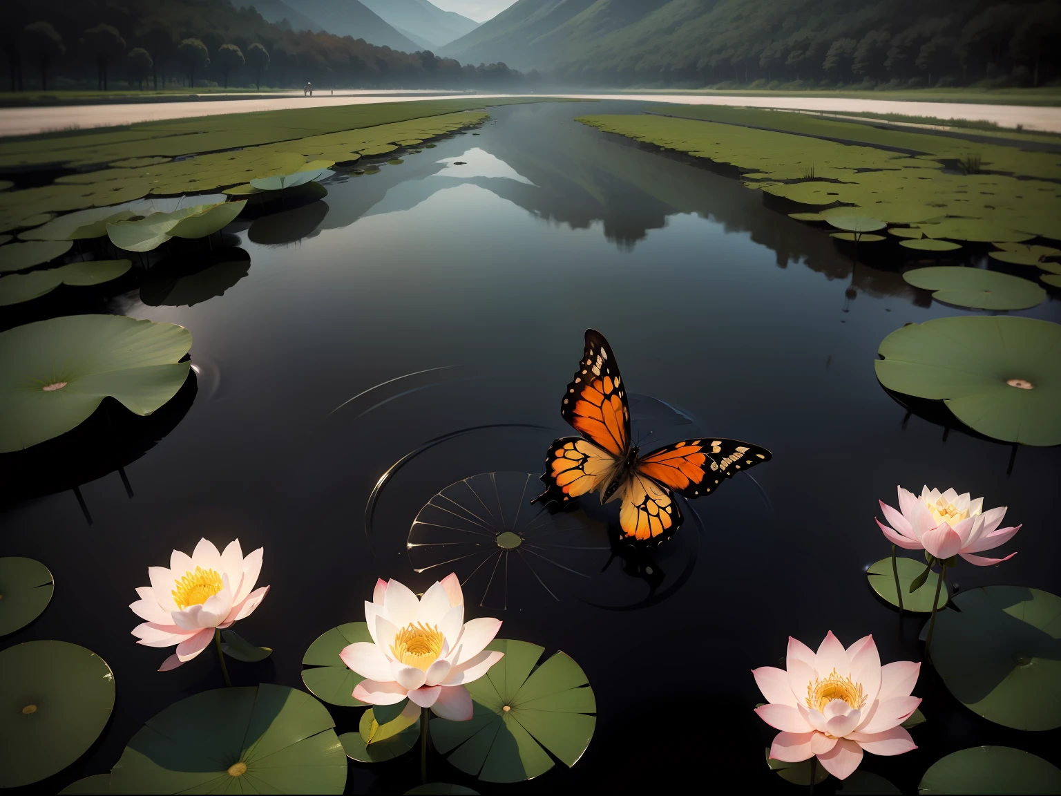 shuimobysim,Lotus,Dark,Lake,Butterfly