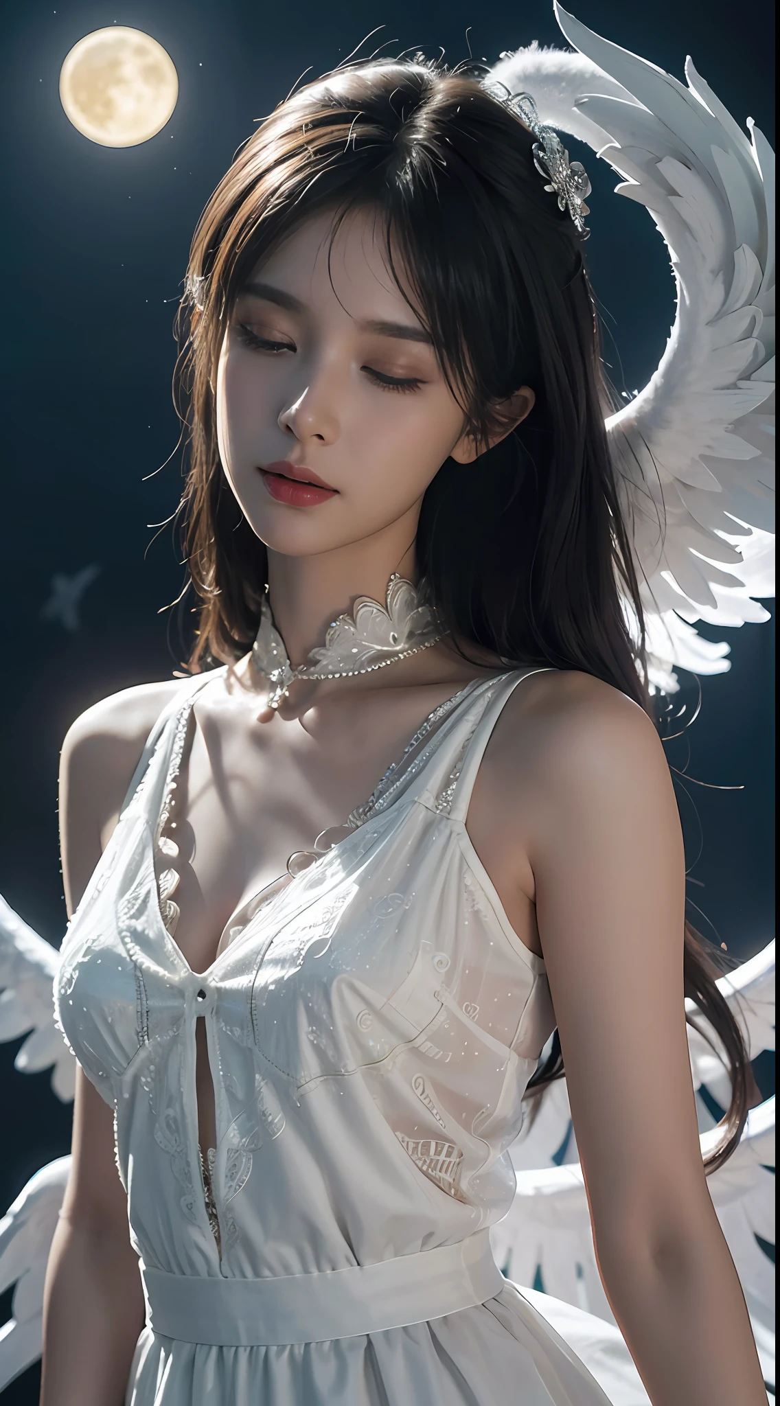 illustration: 1.3),（ paper art: 1.3), 3D rendering of, Beautiful Angel Close your eyes, Star and moon best quality, Detailed details, Masterpiece, offcial art, movie light effect, 4K, Chiaroscuro , Flash