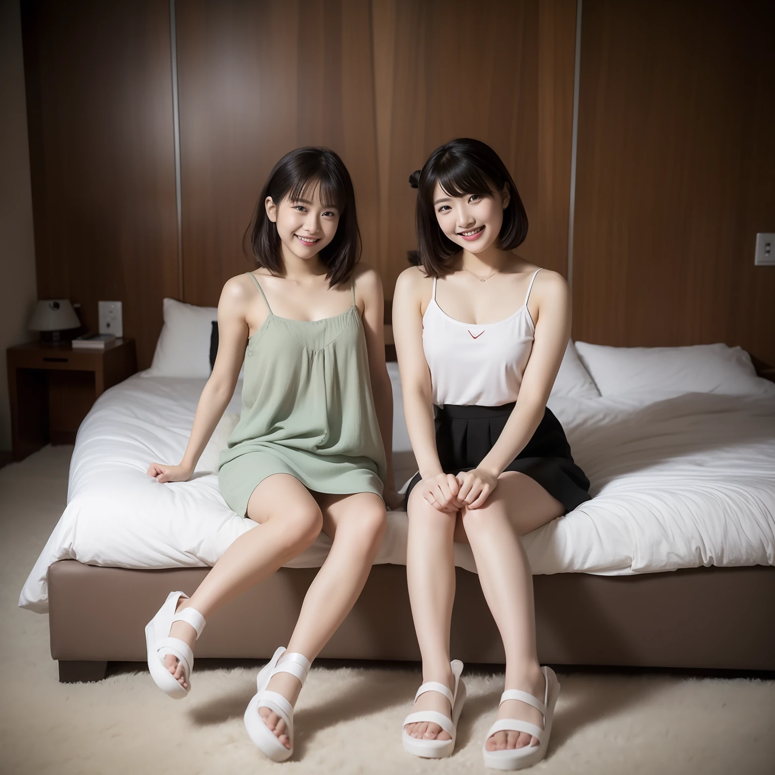 (tmasterpiece,best qualtiy:1.3),(full bodyesbian:1.3)extremly high detail,复杂,8K,hdr,cinmatic lighting,Bedrooms((Eye makeup))(((pantiess)))((((short skirt:1.5)))),((slippers))(((Happy expression: 1.8)),(Larger chest), Twinkle, (20yr old), ((Slimmer figure: 1.5)), (((camisole: 1.5)))), ((Nice hairstyle: 1.5)))),((((ankle)))),((((Toes)))