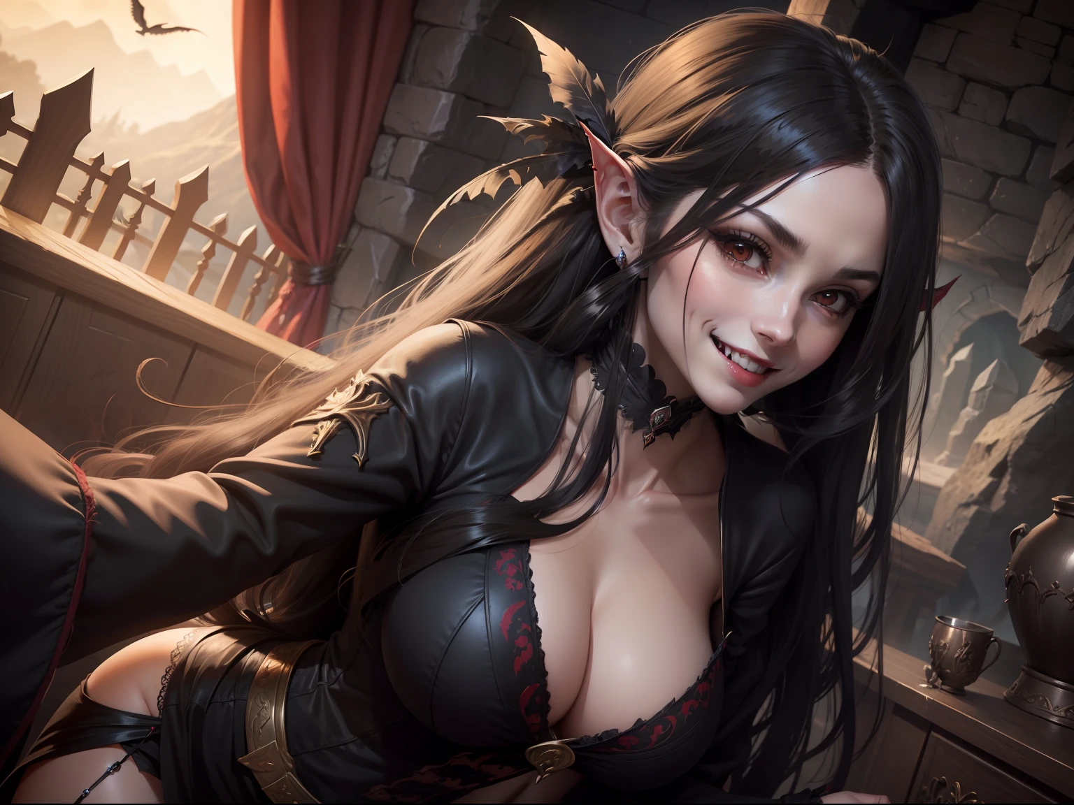 Girl vampire, long hair, balck hair, black wing, fall feather, dark cave, blood, thirsty, smile face,milf, fang, skinny, big boob, realistic