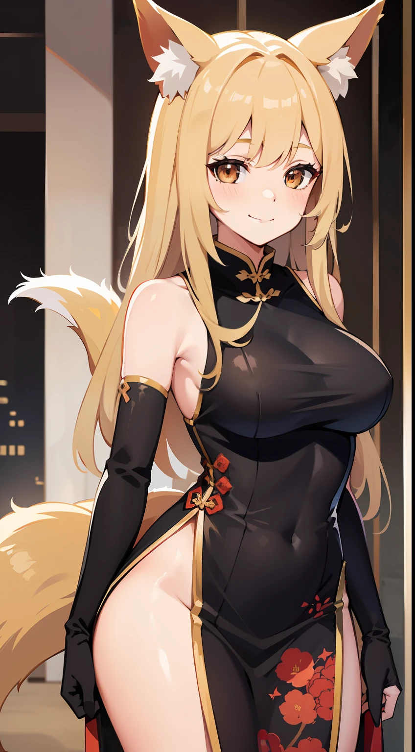 young girl, longue blonde hair, Brown eyes, fox ears and tail, Chinese dress, ssmile, submachine gun, Masterpiece, hiquality