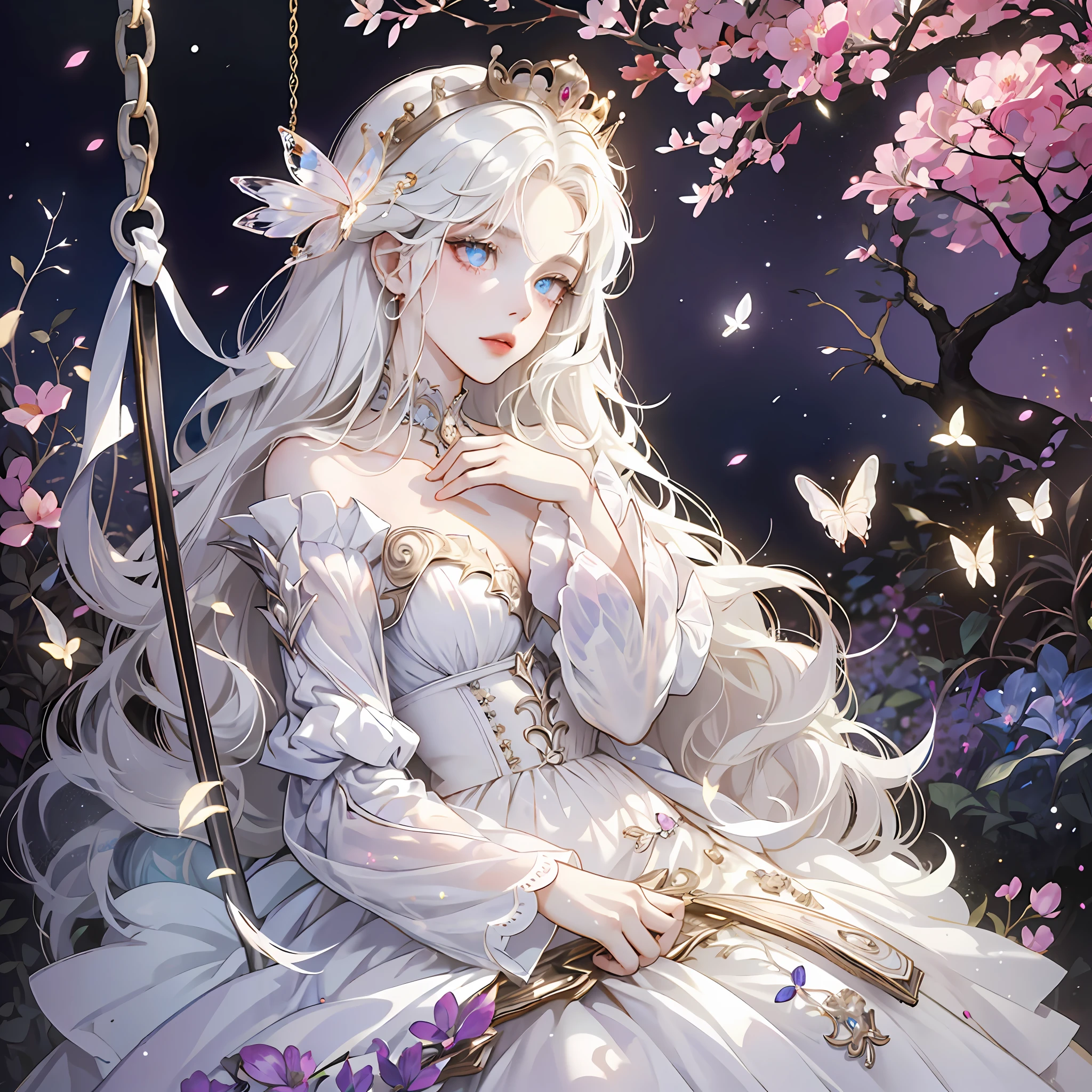 1 woman with a crown，the night，Sitting on a swing in the garden，Beautiful and elegant butterfly queen, Guviz, Fantasy art style, 8K high quality detailed art, Butterfly Lord, Beautiful and seductive butterfly princess，digital fantasy art , ellegance, (long  white hair，White-colored skin，The skin is translucent white，sparkle in eyes，Wearing a beautiful dress，Scalloped sleeves，beautiful  face，Lonely pale face），Glow-in-the-dark flowers，Particle，Glow，Guviz-style artwork, WLOP Art,