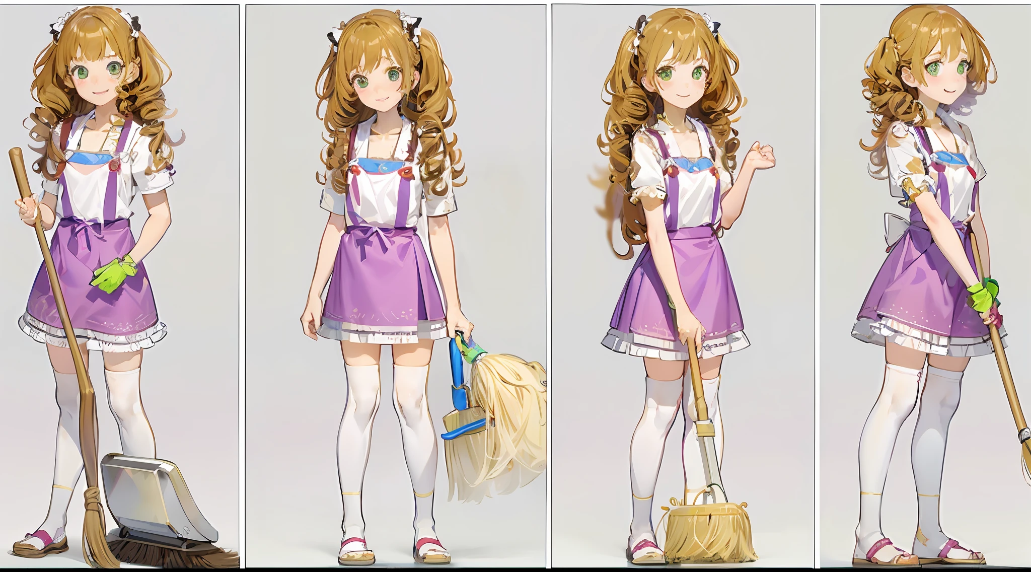 photorealisim、full body Esbian、１２Year old girl、Cute with green eyes１２Year old girl、Severe curly hair、Naturally curly hair、Golden hair、hitornfreckles、Housemaid style、ssmile、Cleaning cheerfully with a broom