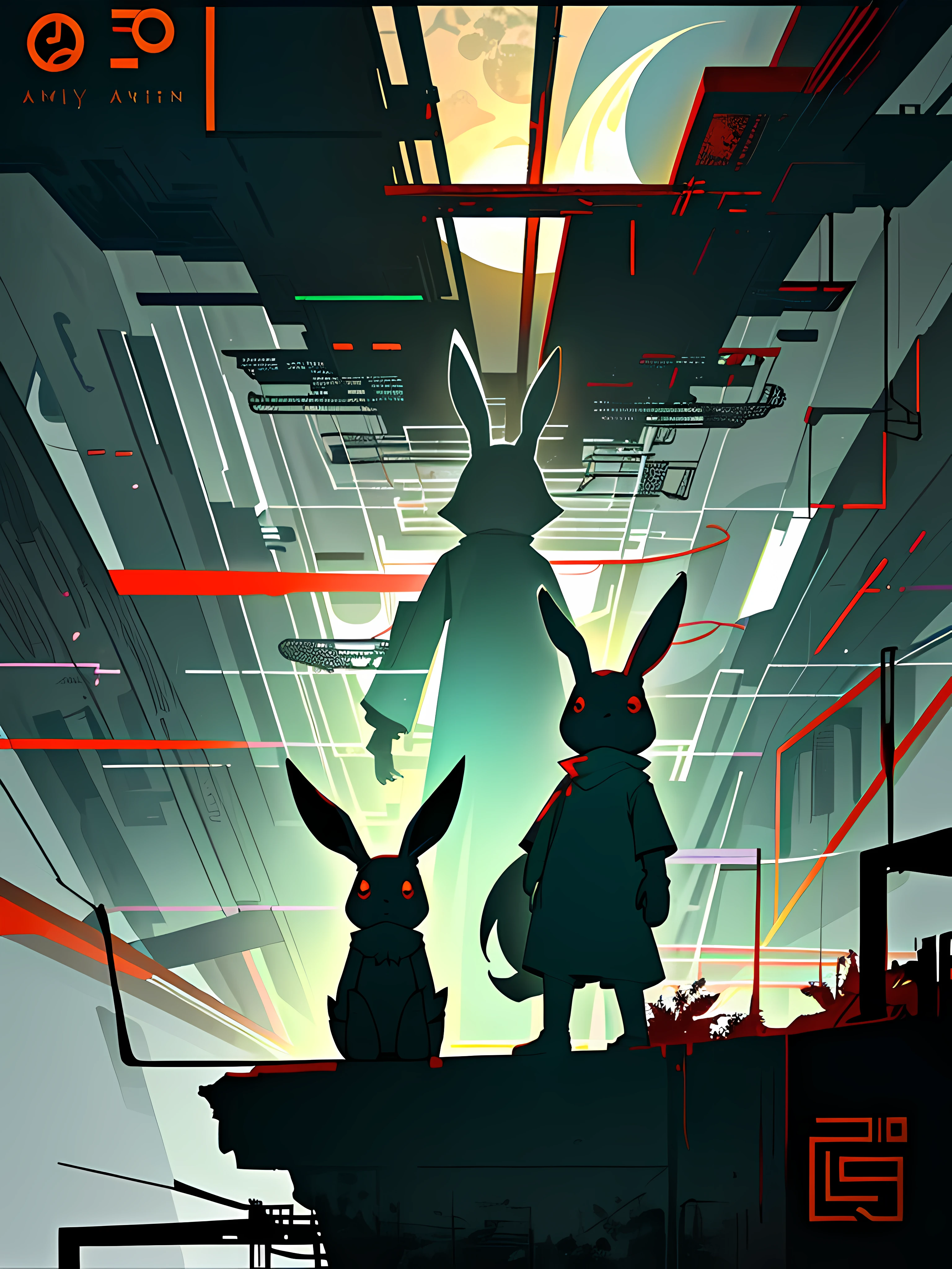 (blame! style abandoned tech landscape), (Zen, Amy Sol style), (underground, dark, foggy, perilous, abandoned dystopian apartment bedroom, deep windows), (abstract anthro rabbit figure wearing bunny ears by crescent moon), cover art with light abstraction, abstract, simple vector art, contemporary Cybernetic art, color gradients, soft color palettes, layered forms, whimsical animation, style Ethereal abstract, 4K, --v6