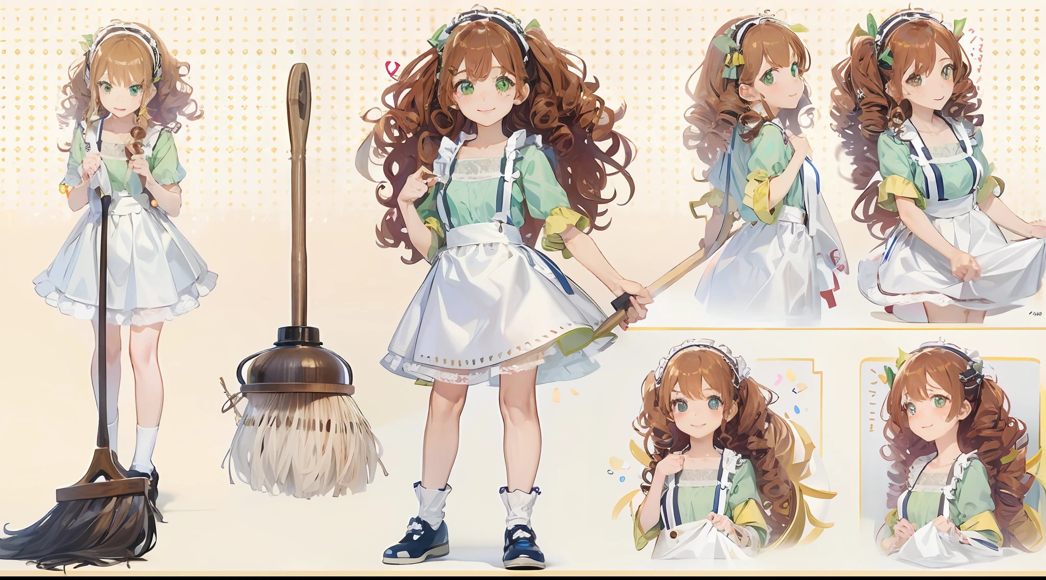photorealisim、full body Esbian、12Year old girl、Cute with green eyes12Year old girl、Severe curly hair、Naturally curly hair、Golden hair、hitornfreckles、Housemaid style、ssmile、Cleaning cheerfully with a broom