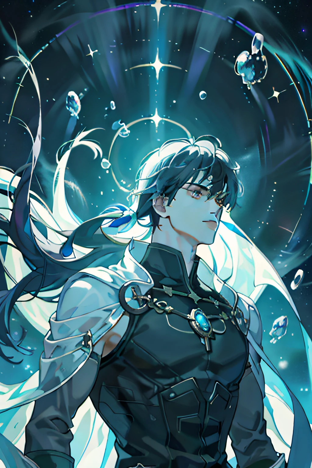masterpiece, best quality, 1 male, adult, mature, tall muscular guy, Dark theme, Magic circle, bubble, rainbow Sunlight, Underwater, Reflected mirror, floating piece of Glass, Rainbow light, Bubble Swirling, wind Swirling, Aurora, fantasy scenery, Starlight around the character, (upper body)
