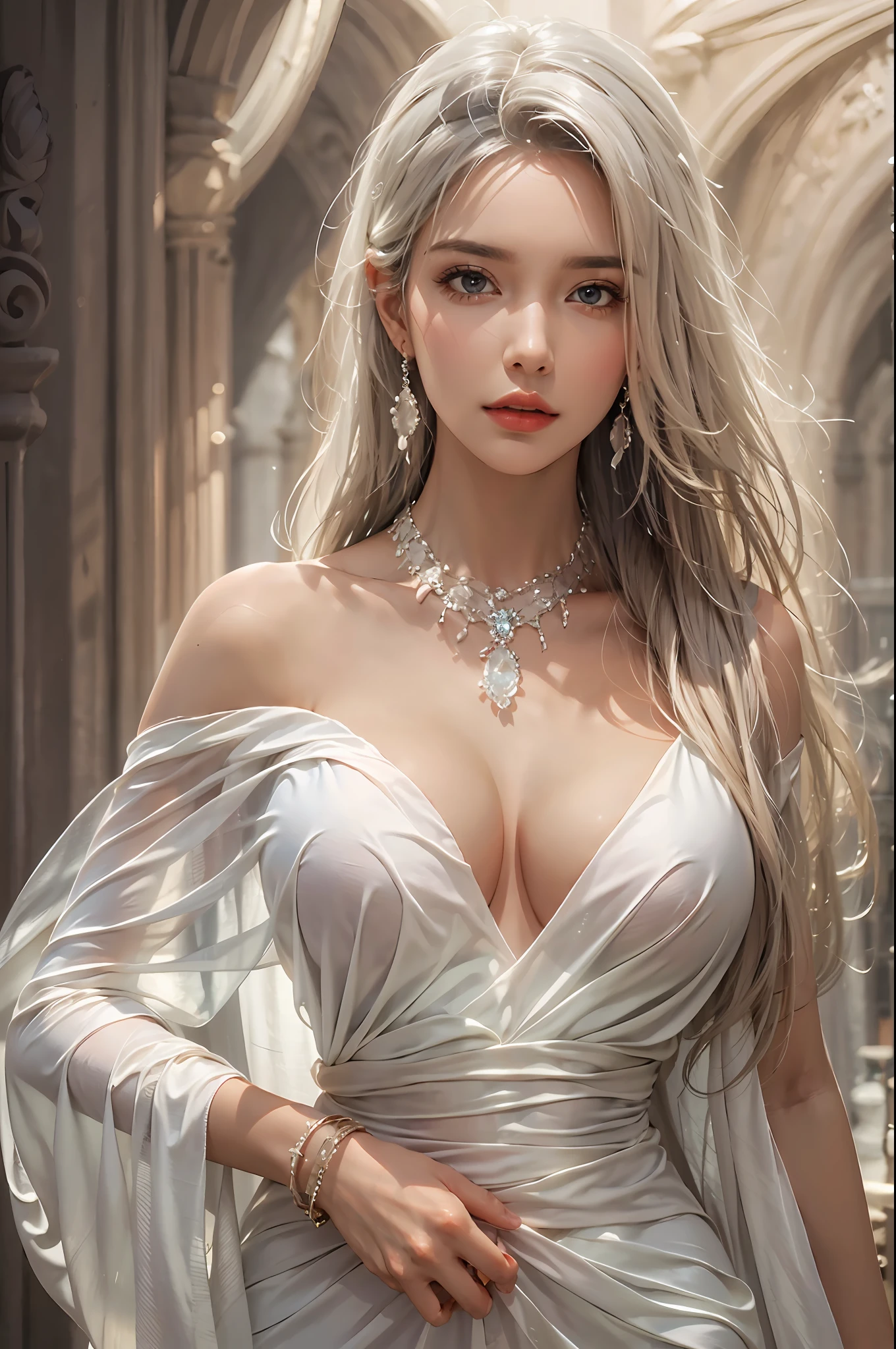 photorealistic, high resolution, 1 woman, solo, hips up, detailed face, beautiful eyes, narrow waist, white long hair, huge breast, bracelets,elegant necklace, elegant diamond earrings, sheer dress, no underwear