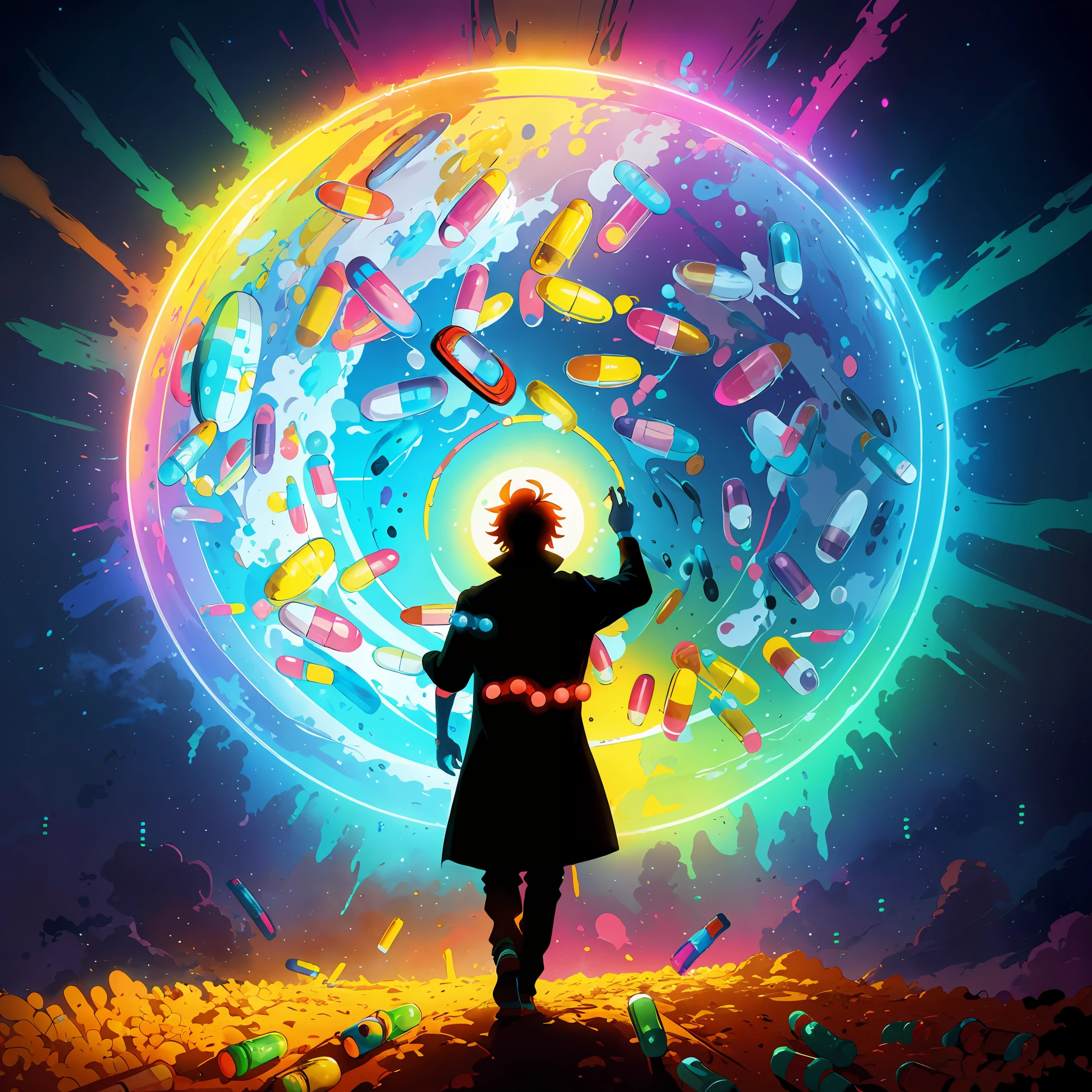 brightly colored illustration of a man standing in front of a giant circular object with (pills:1.5), colorful concept art, style hybrid mix of beeple, inspired by Cyril Rolando, magic world. colorful, in style of cyril rolando, cyril rolando and goro fujita, artgem and beeple masterpiece, beeple colors, colorful anime movie background