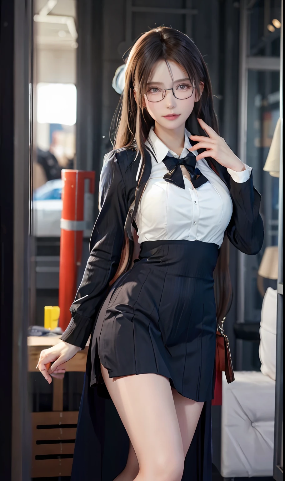 (RAW photos:1.2),high high quality,Beautiful Meticulous Girl,Highly detailed eyes and face,beatiful detailed eyes,hugefilesize,A high resolution,8k wallpaper,finely detailled,Highly detailed stock code uniform 8k wallpaper,light in face,电影灯光,16 year old girl,(photo-realism:1.4),Aircraft interior background,illustratio,ultra-realistic realism,super detailing, tmasterpiece, In the plane,stewardess,flightattendantuniform,full body shot shot,Wear a flight attendant uniform,wears glasses,Bigchest,low chest,