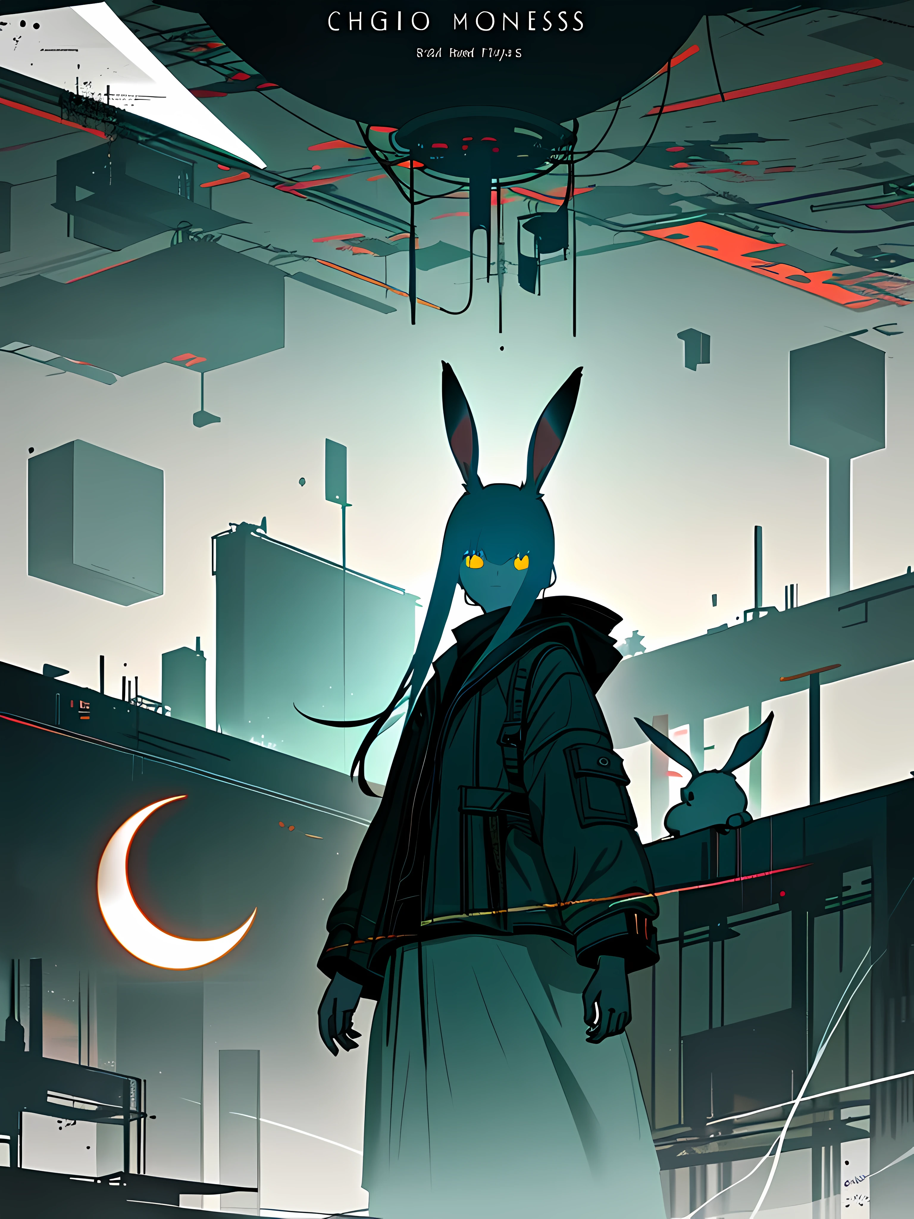 (blame! style abandoned tech landscape), (Zen, Amy Sol style), (underground, dark, foggy, perilous, abandoned dystopian apartment bedroom, deep windows), (abstract anthro rabbit figure wearing bunny ears by crescent moon), cover art with light abstraction, abstract, simple vector art, contemporary Cybernetic art, color gradients, soft color palettes, layered forms, whimsical animation, style Ethereal abstract, 4K, --v6