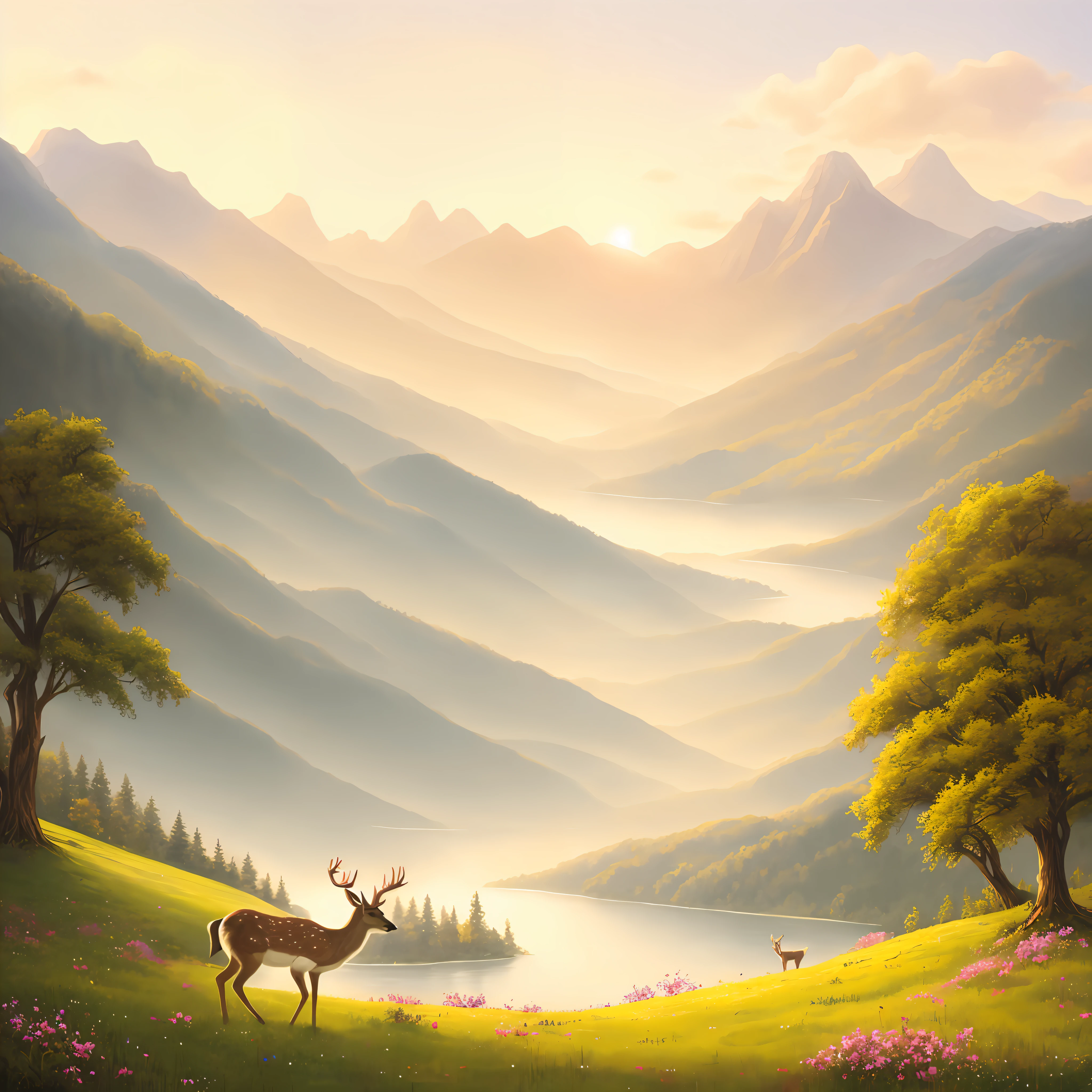 Draw a deer with flowers and trees on the meadow on the mountain, landscape artwork, detailed soft painting, Hand painted landscape, lakeside mountains, mountain scene, soft digital painting, environment painting, scenery art detailed, digital landscape art, Detailed digital painting, detailed scenic view , Distant mountains, glossy digital painting, speedpaint, Dreamy landscape, painted landscape,