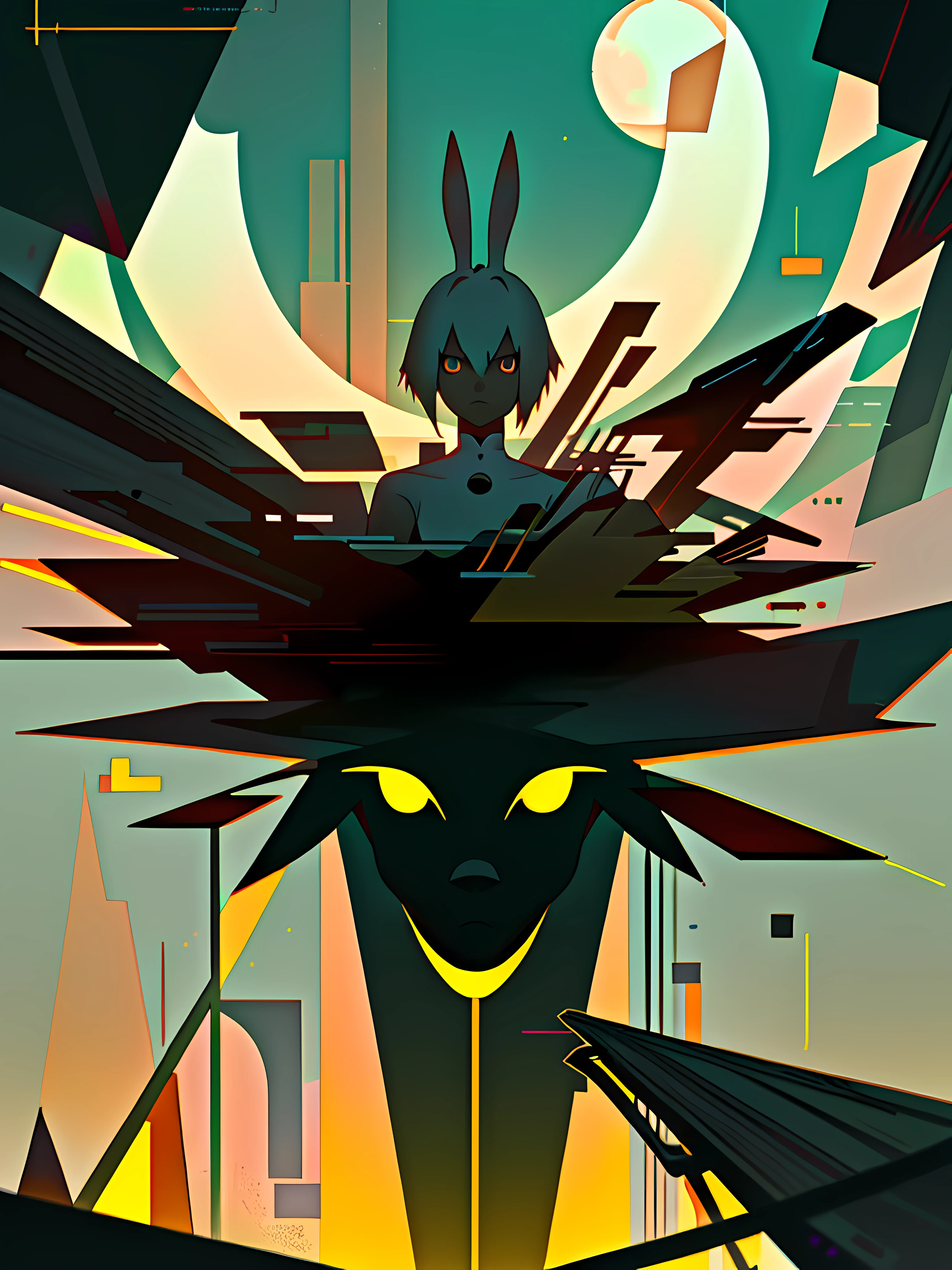 (blame! style abandoned tech landscape), (Zen, Amy Sol style), (underground, dark, foggy, perilous, abandoned dystopian apartment bedroom, deep windows), (abstract anthro rabbit figure wearing bunny ears by crescent moon), cover art with light abstraction, abstract, simple vector art, contemporary Cybernetic art, color gradients, soft color palettes, layered forms, whimsical animation, style Ethereal abstract, 4K, --v6