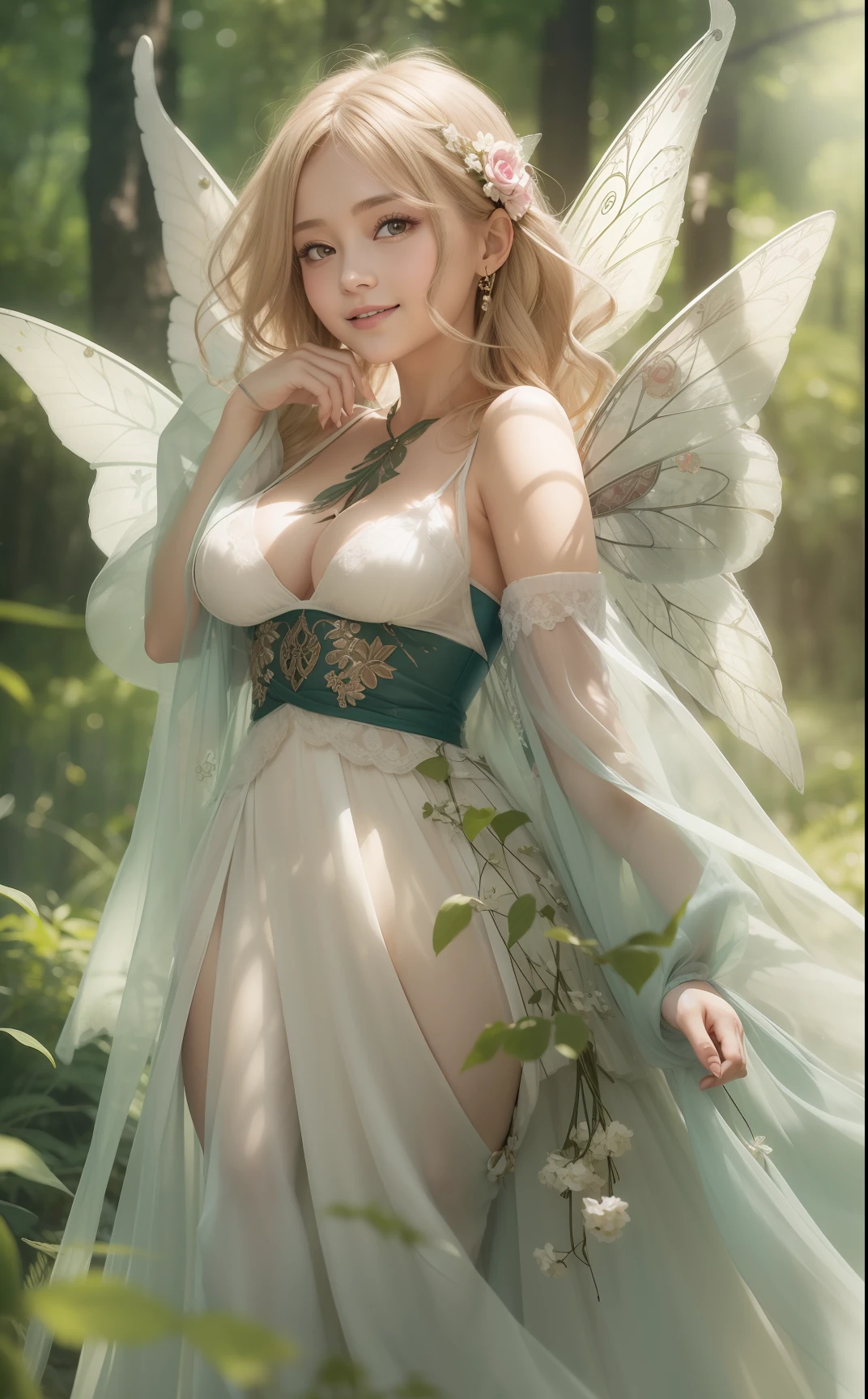 Photo of a gorgeous 20-year-old Finnish fairy wearing (Suzuran Decoration Dress:1.2) And (Delicate fairy wings:1.2), Grinning, (looking in camera:1.1), (Sateen:1.1), on forest path:, Proudly standing next to his portate, by Studio Ghibli, masutepiece, Barefoot, (Natural lighting:0.8), 8K, ((Realistic)), F/1.1, , the woods、covering the navel、hiding breast、(Curvaceous)femele(flawless skin:1.11)And(teats:1.1)、A smile、full body Esbian、Beautiful standing figure、