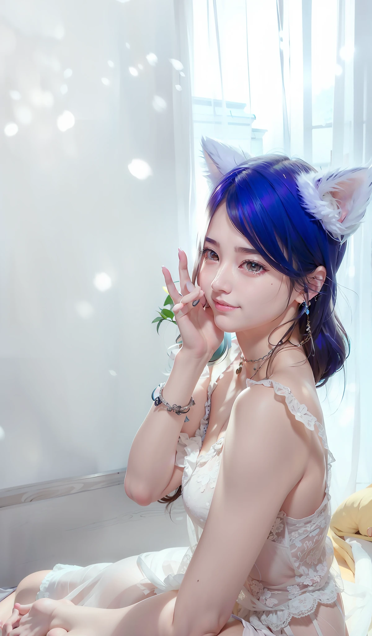 There is a woman sitting on the bed having，Has cat ears, very beautiful cute catgirl, Attractive cat girl, Shot on Canon EOS R 6, beautiful young catgirl, sakimichan, full-body xianxia, cute elegant pose, Girl with cat ears, trending at cgstation, xintong chen, Guviz, woman with cat ears