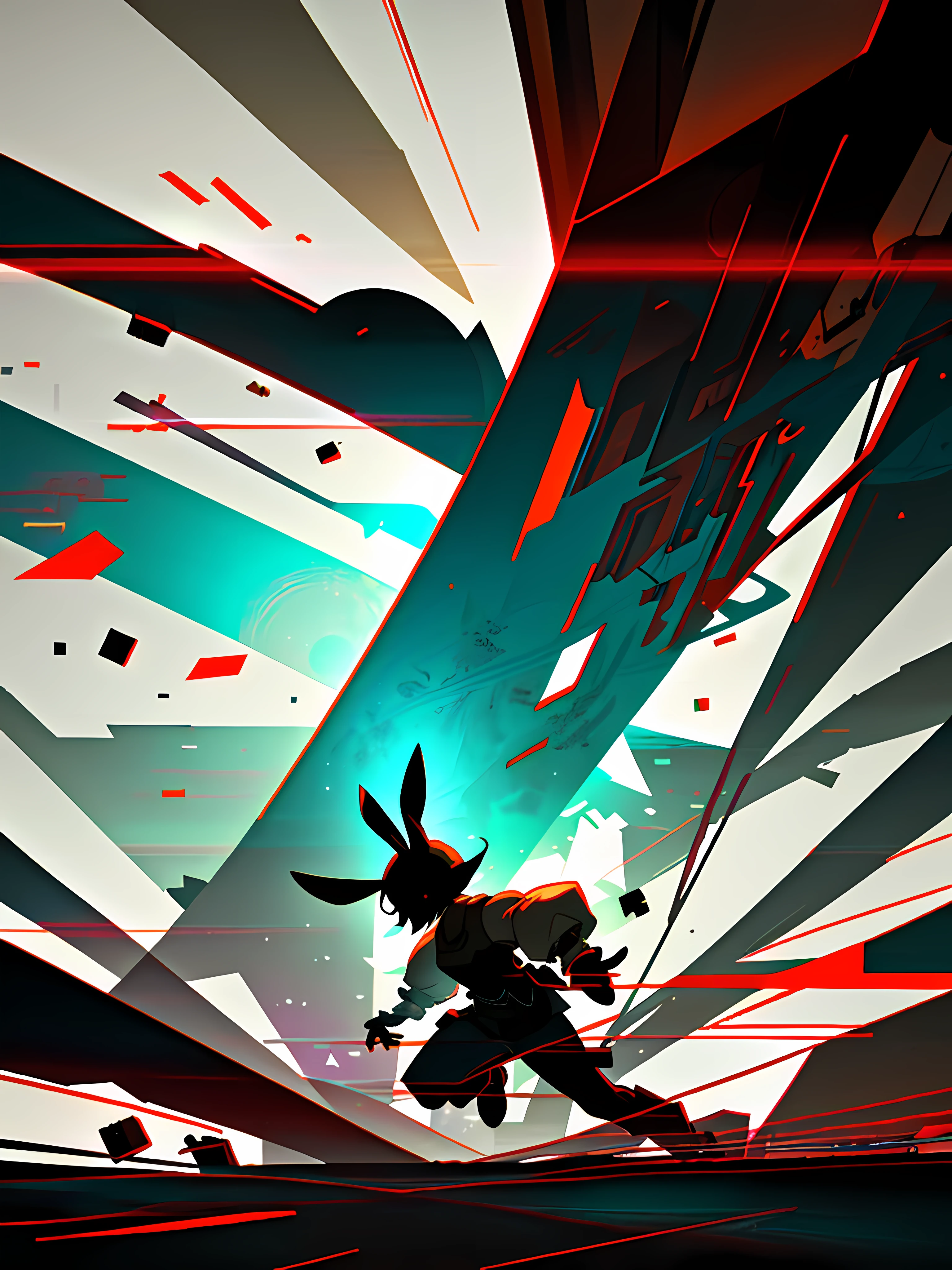 (blame! style abandoned tech landscape), (Zen, Amy Sol style), (underground, dark, foggy, perilous, abandoned dystopian apartment bedroom, deep windows), (abstract anthro rabbit figure wearing bunny ears by crescent moon), cover art with light abstraction, abstract, simple vector art, contemporary Cybernetic art, color gradients, soft color palettes, layered forms, whimsical animation, style Ethereal abstract, 4K, --v6