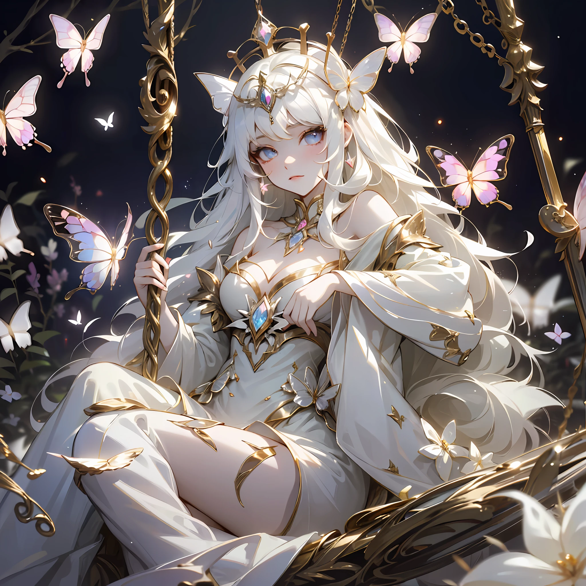 1 woman with a crown,the night,Sitting on a swing in the garden,dream colors,Beautiful and elegant butterfly queen, Guviz, Fantasy art style, 8K high quality detailed art, Butterfly Lord, Beautiful and seductive butterfly princess,digital fantasy art , ellegance, (long white hair,White-colored skin,The skin is translucent white,sparkle in eyes,Wearing a beautiful dress,Gold wire butterfly sleeves,beautiful face,Lonely pale face),Glow-in-the-dark flowers,Particle,Glow,Guviz-style artwork, WLOP Art,