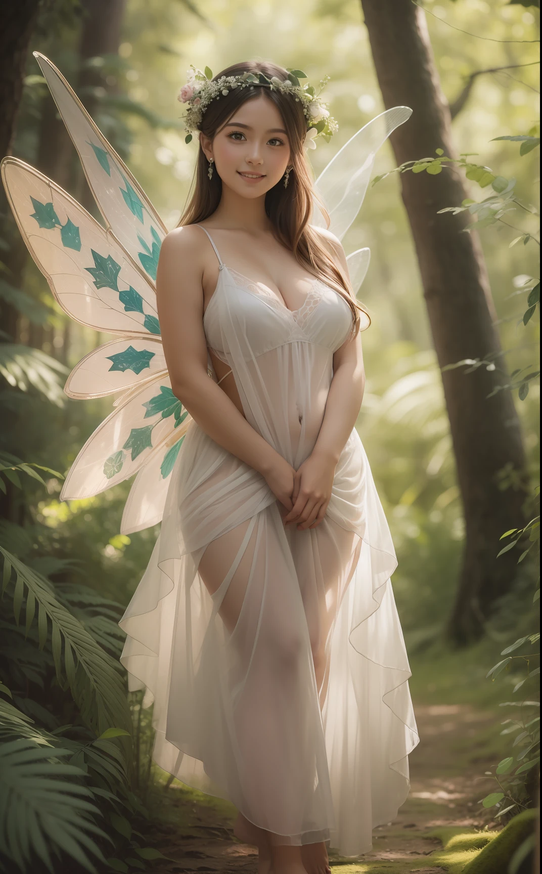 Photo of a gorgeous 20-year-old Finnish fairy wearing (Margaret Decoration Dresses:1.2) And (Delicate fairy wings:1.2), Grinning, (looking in camera:1.1), (Sateen:1.1), on forest path:, Proudly standing next to his portate, by Studio Ghibli, masutepiece, Barefoot, (Natural lighting:0.8), 8K, ((Realistic)), F/1.1, , Forest with keen eyes、covering the navel、hiding breast、(Curvaceous)femele(flawless skin:1.11)And(teats:1.1)、A smile、full body Esbian、Beautiful standing figure、