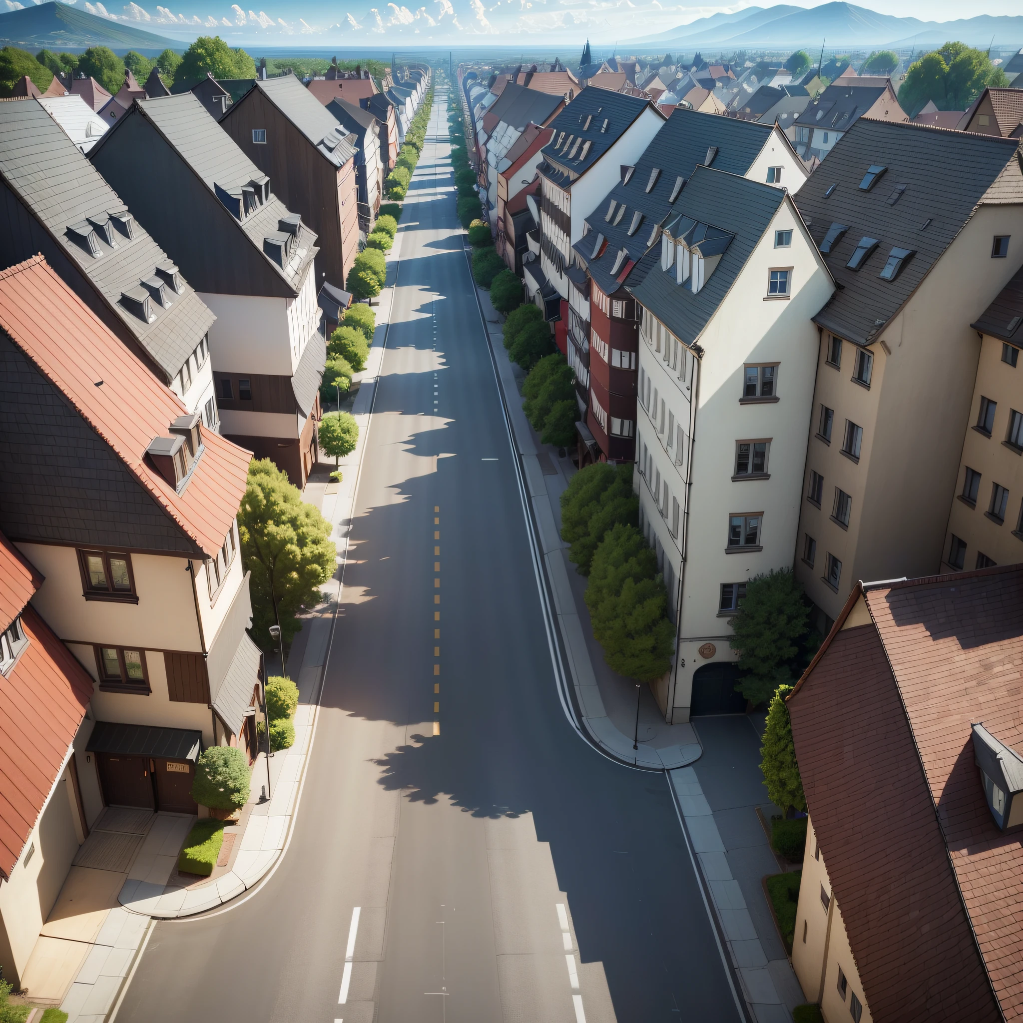 There is a street,There were cars moving,Houses on both sides, Empty streets, Empty Street, empty streetscapes, empty metropolitan street, photorealistic streetscape, empty road in the middle, sloping street, detailed street, Germany. Wide shot, street top view, realistic photo of a town, photograph of the city street