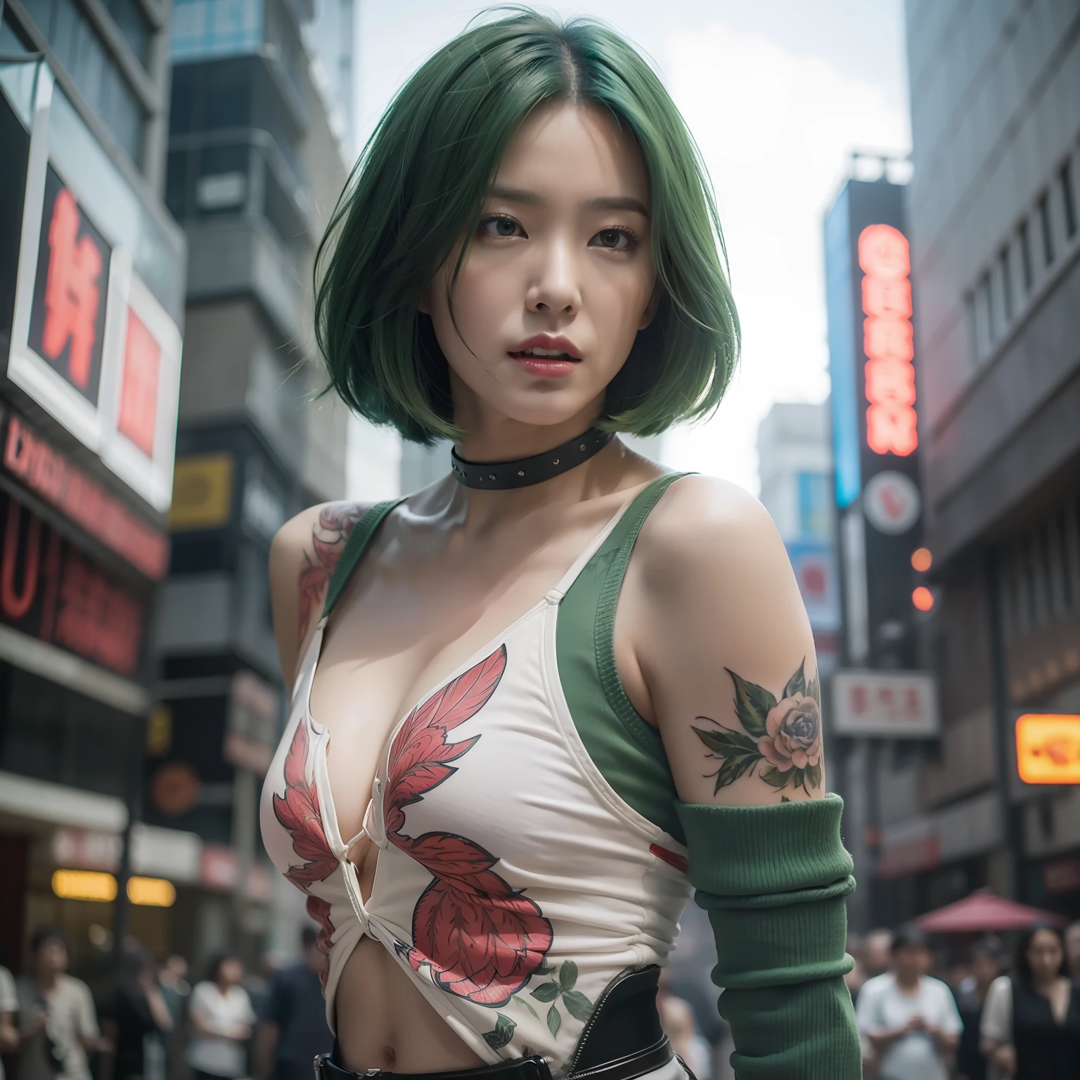 Award-winning photo from the waist up, green-haired woman showing face, alone, from torso up, with cybernetic enhancements with tattoo of magical symbols, in front of cyberpunk buildings, vibrant, photorealistic, hyperrealism, strong impressionist painting style, 1,618, elegant, ethereal, intricate, elaborate, hyper-realism, hyper-detailed, strong expressiveness and emotionality, cinematic lighting, visual clarity
