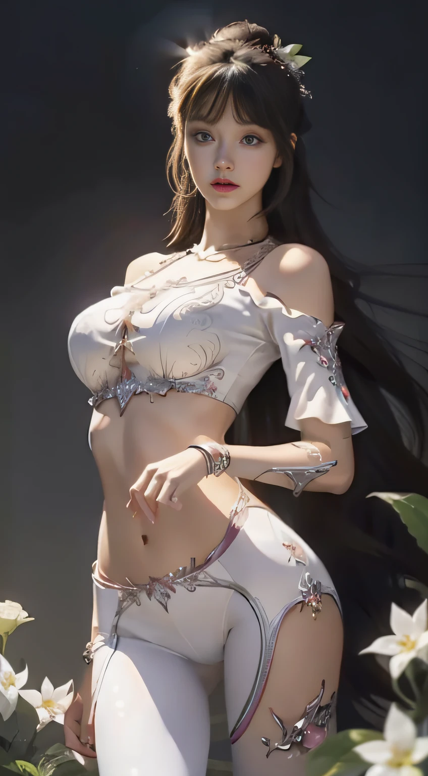 (hyperrealistic), (illustration), (high resolution), (8K), (extremely detailed), (best illustration), (beautiful detailed eyes), (best quality), (super detailed), (masterpiece), (wallpaper), (detailed face), solo, (dynamic pose), 1girl, white off-the-shoulder shirt with sexy super short yoga pants, bare shoulders, blooming flower field, glowing skin, light smile, camel toe, (no panties), (no bra)