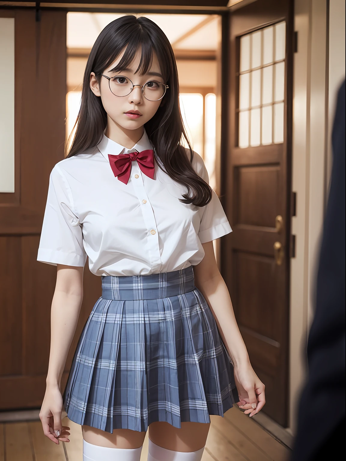 （8K、Raw photography、top-quality、​masterpiece：1.2),absurderes,a small face,small tits,flat breast,Parting the bangs from the middle、Forehead visible,(Tight eyes,Bullish,skinny,Rasping,irate)、​masterpiece,top-quality、超A high resolution,Raw photo,ren,Beautiful fece,One Person, 独奏,eye glass,,Dark look,Small breasts,fullllbody,Round glasses、cute little、A Japanese Lady,is standing,(Tight eyes,Bullish,skinny,Rasping,irate,small tits,flat breast)、（Photorealsitic：1.37）、Photon mapping,Light blue ribbon,Realistic、Cute little face,Brown-eyed、Black socks、(Red bow tie)、Radio City、Physically Based Rendering、Foreground、depth of fields、Blurry background、a picture,The girls、Body, Long legs, Thin leg,Semi-long,(Bangs are visible), hair, s lips, Blue_The eye, nosesoft,White shirt, Navy blue and white plaid pleated skirt, Knees are visible,Sheer clothing,, Thigh, Black cotton socks,Nogizaka Idol, 女優, Japanese ido