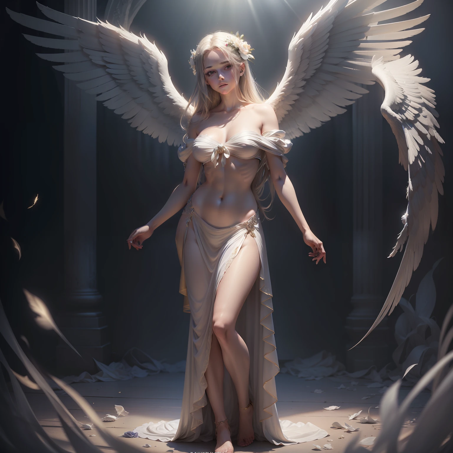(((fullbody))) ANGELIC DELIGHT, BORN OF LIGHT, WINGED ANGELS, HEAVEN SENT, masterpiece, highly detailed, photorealistic, high resolution, spectral form, cinematic noir lighting, surreal photorealism, strong detailing